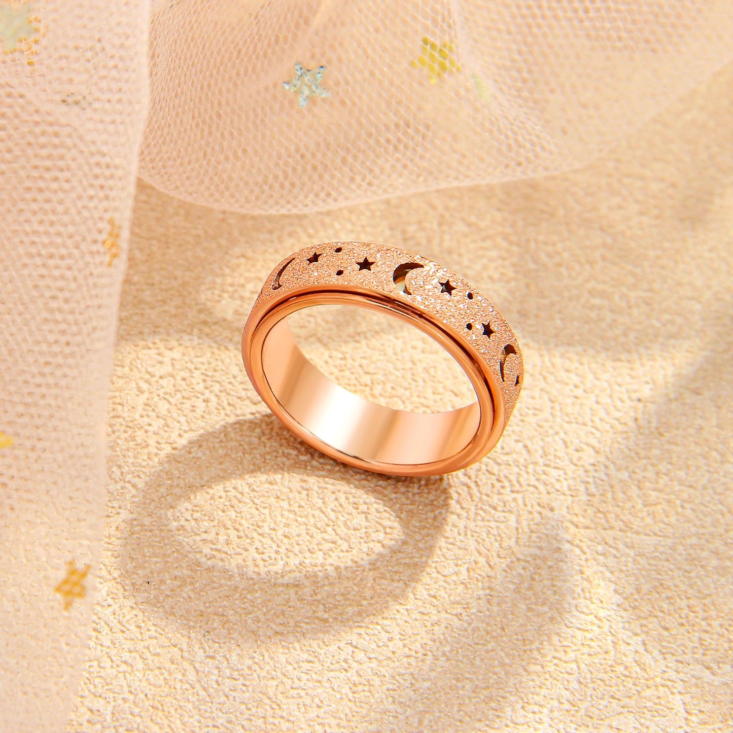 LuckyAmor Anxiety Ring - Moon & Star Spinner Ring in Stainless Steel (6mm), Sizes 6-10