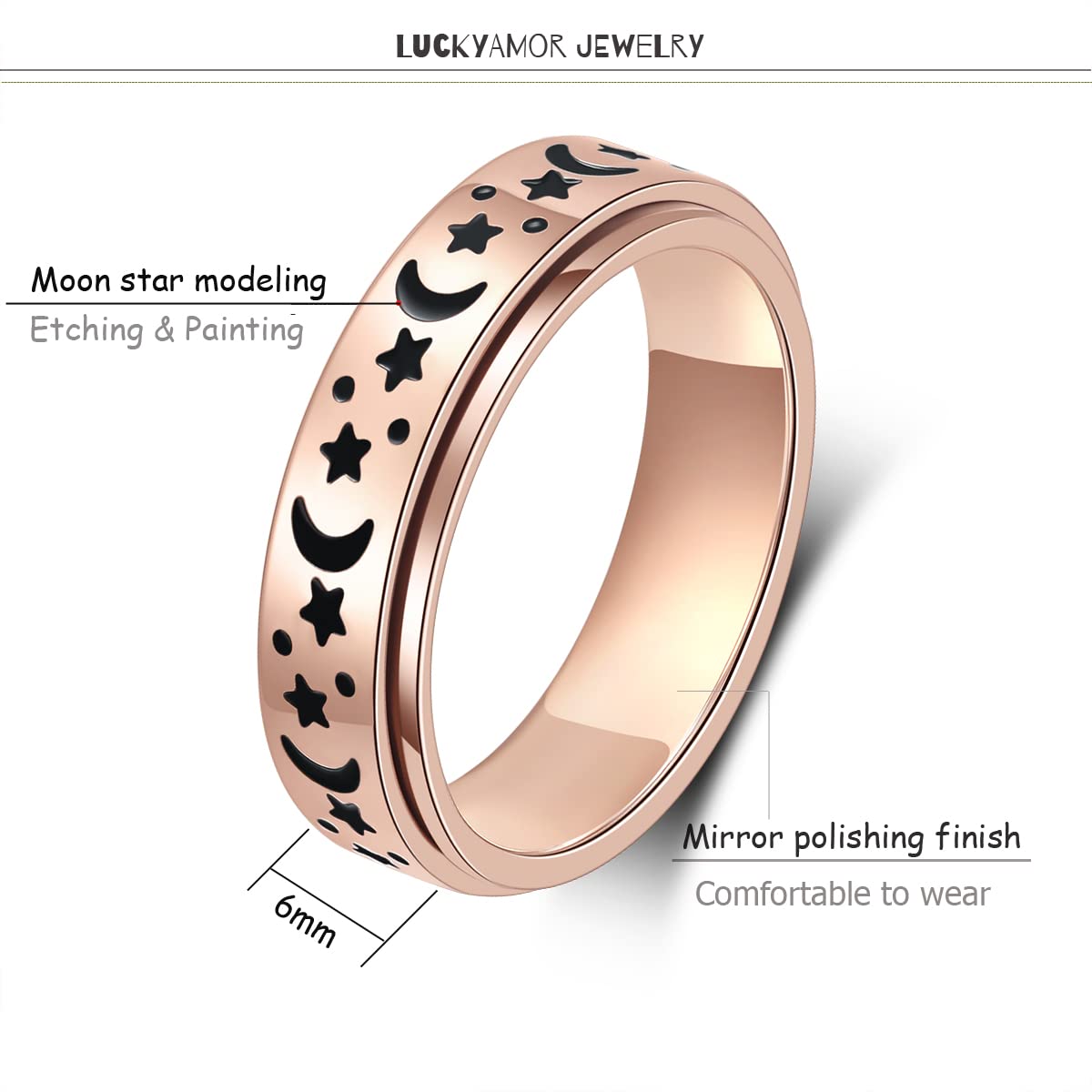 LuckyAmor Moon Star Spinner Ring – Stainless Steel Anxiety Ring for Women & Men | 6mm Band, Hypoallergenic, Sizes 5–11
