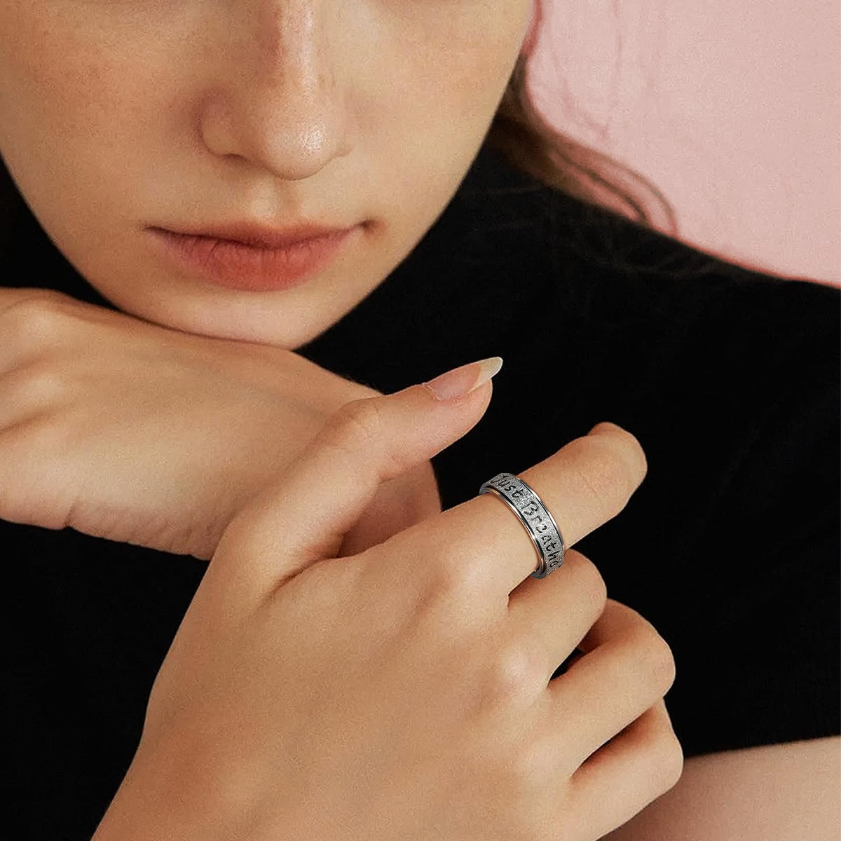 LuckyAmor Just Breathe Fidget Spinner Ring for Women - Stainless Steel Stress Relief Ring (Silver, Size 8)