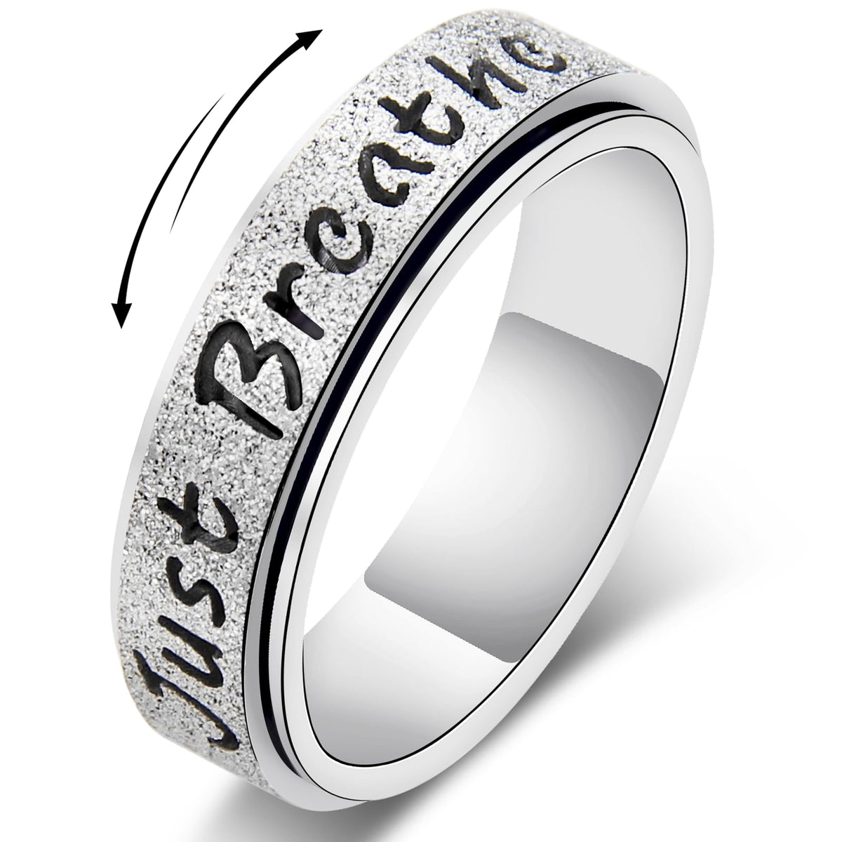 LuckyAmor Just Breathe Fidget Spinner Ring for Women - Stainless Steel Stress Relief Ring (Silver, Size 8)