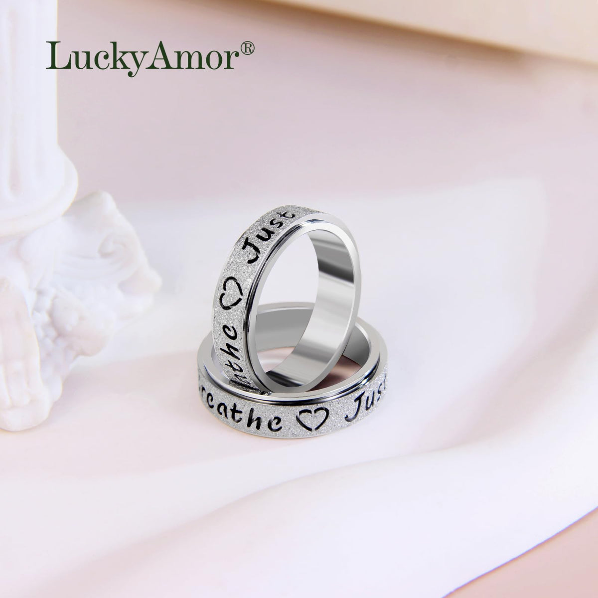 LuckyAmor Just Breathe Fidget Spinner Ring for Women - Stainless Steel Stress Relief Ring (Silver, Size 8)
