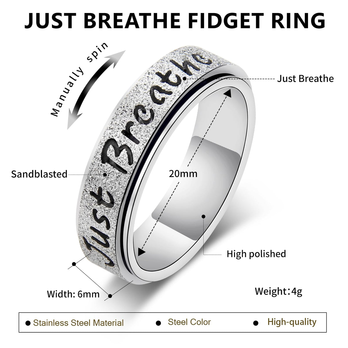 LuckyAmor Just Breathe Fidget Spinner Ring for Women - Stainless Steel Stress Relief Ring (Silver, Size 8)
