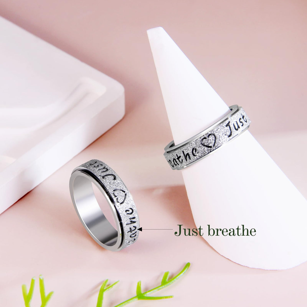 LuckyAmor Just Breathe Fidget Spinner Ring for Women - Stainless Steel Stress Relief Ring (Silver, Size 8)