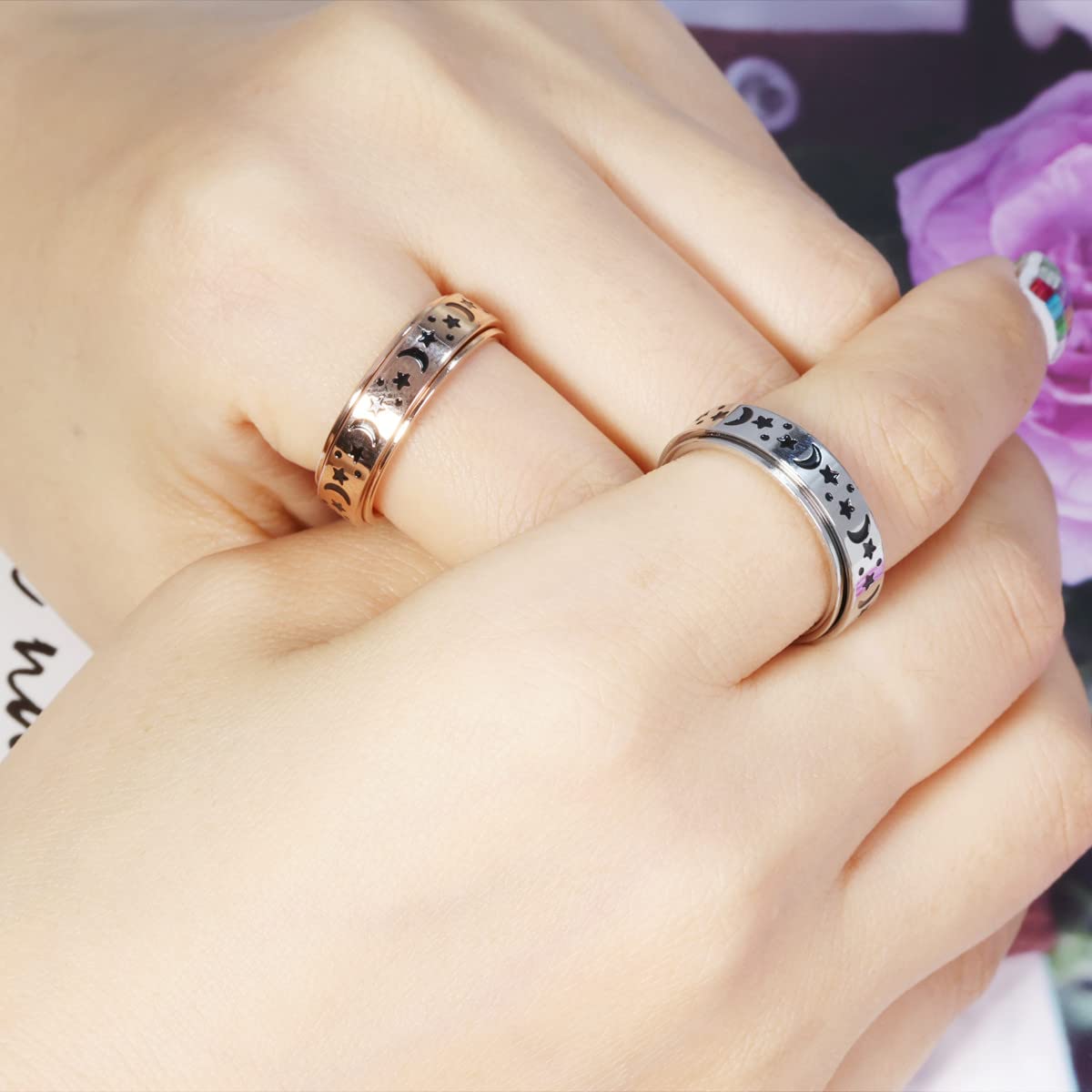 LuckyAmor Moon Star Spinner Ring – Stainless Steel Anxiety Ring for Women & Men | 6mm Band, Hypoallergenic, Sizes 5–11