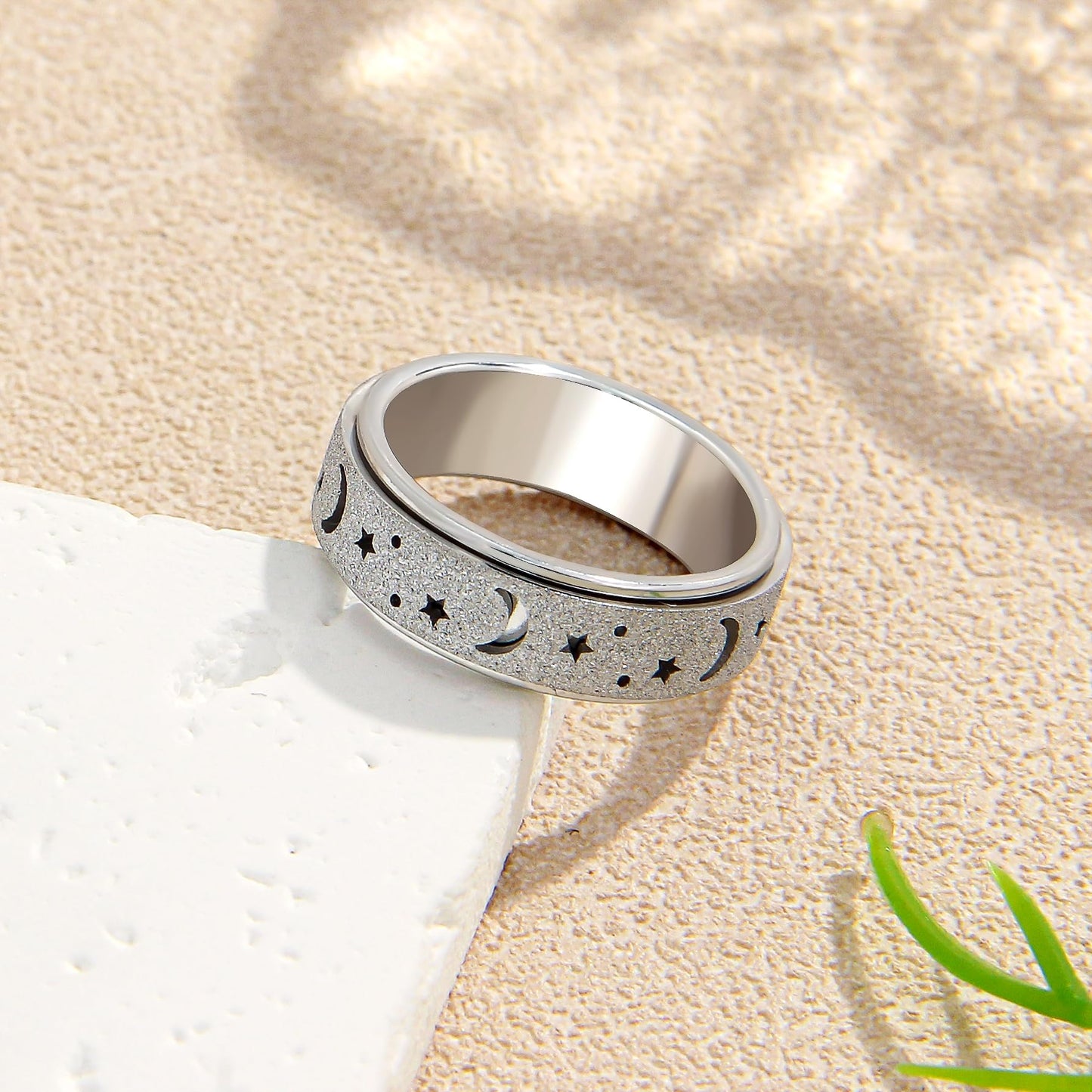 LuckyAmor Anxiety Ring for Women — Spinner Stainless Steel Moon & Star 6mm, Sizes 5–11