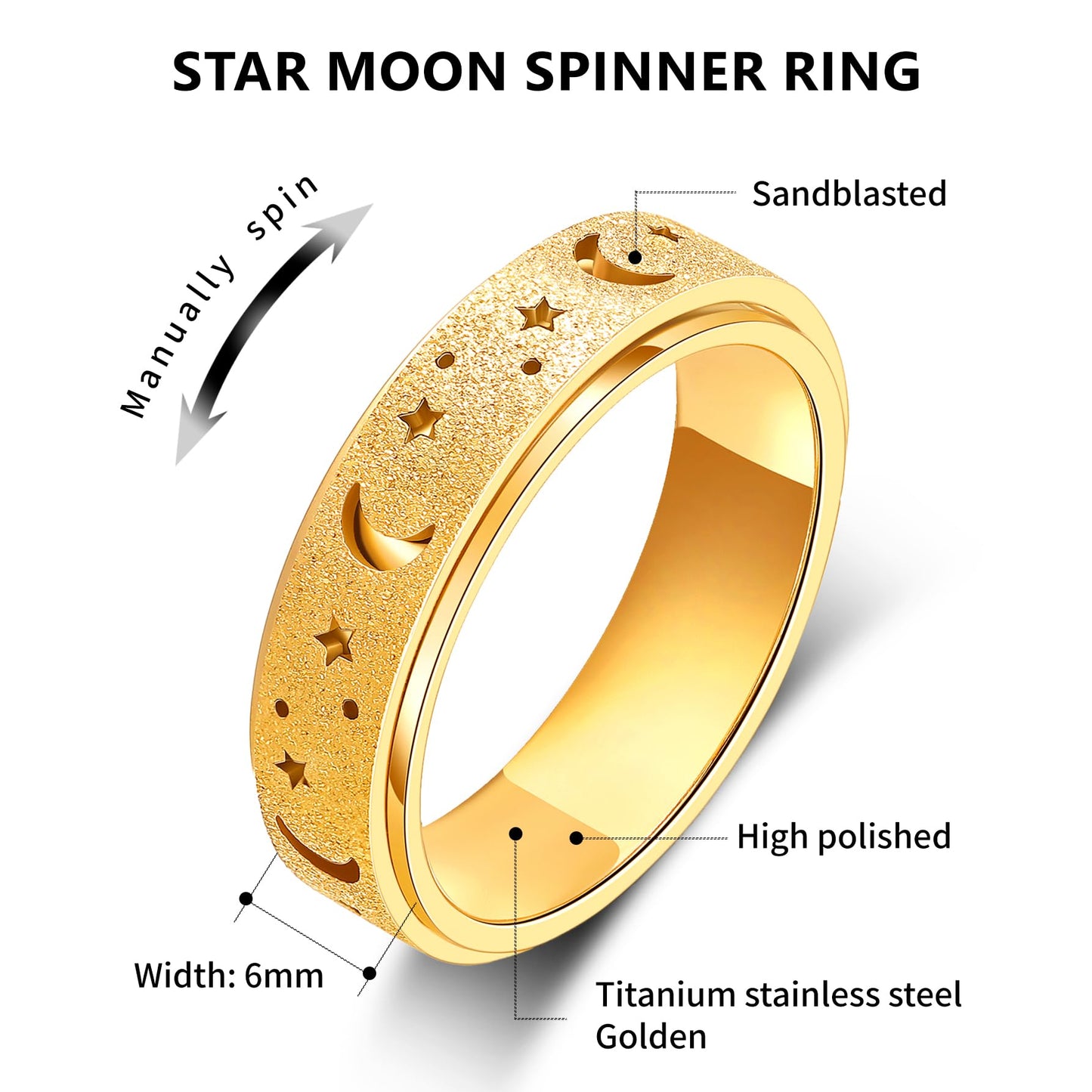 LuckyAmor Moon & Star Anxiety Spinner Ring – Stainless Steel, 6mm (Women)