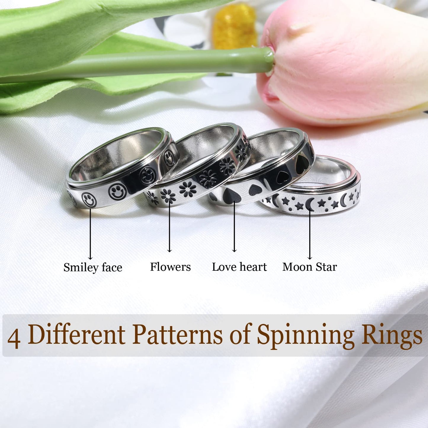 LuckyAmor Spinner Ring - Moon & Star Stainless Steel Fidget Ring for Women & Men | Sizes 5-11