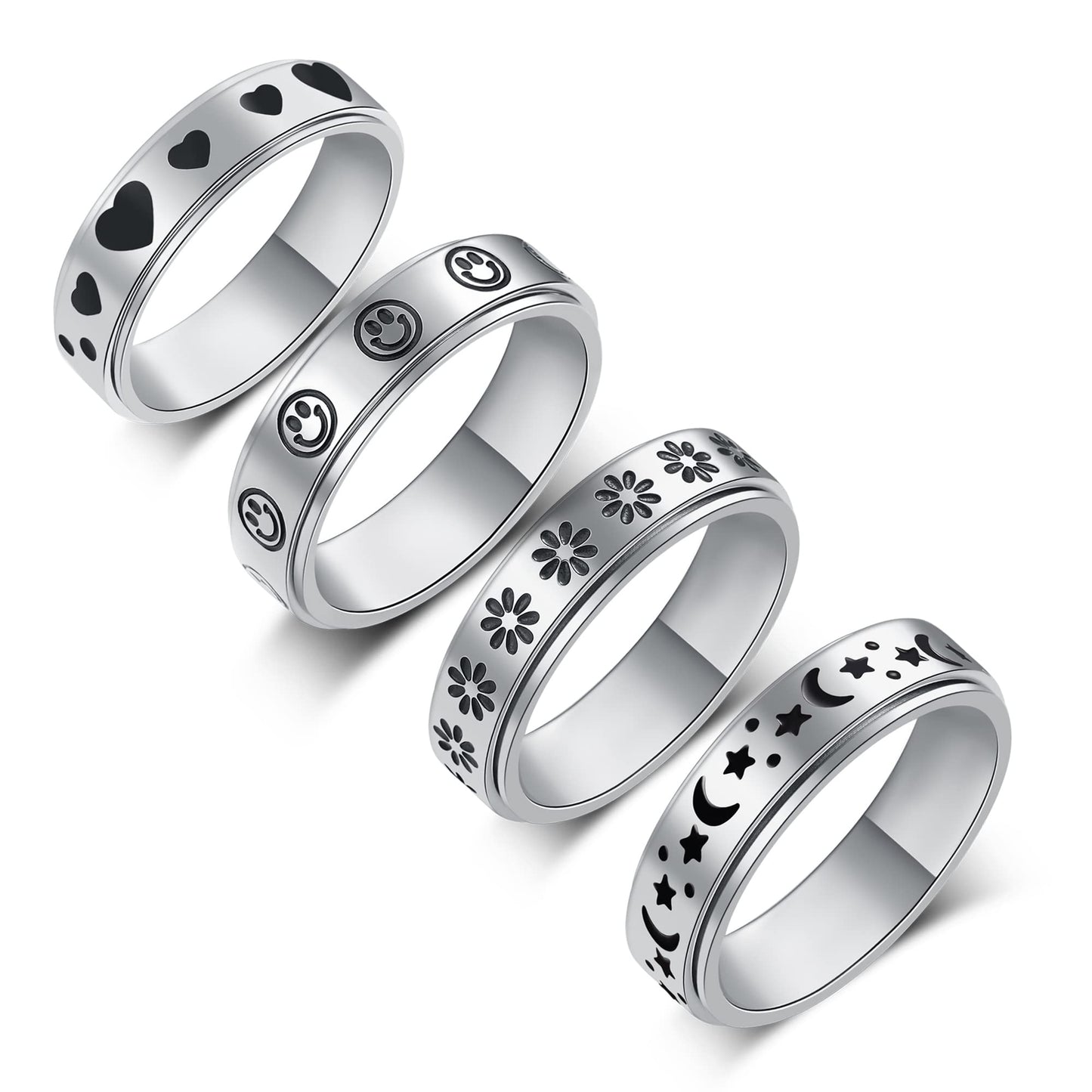 LuckyAmor Spinner Ring - Moon & Star Stainless Steel Fidget Ring for Women & Men | Sizes 5-11