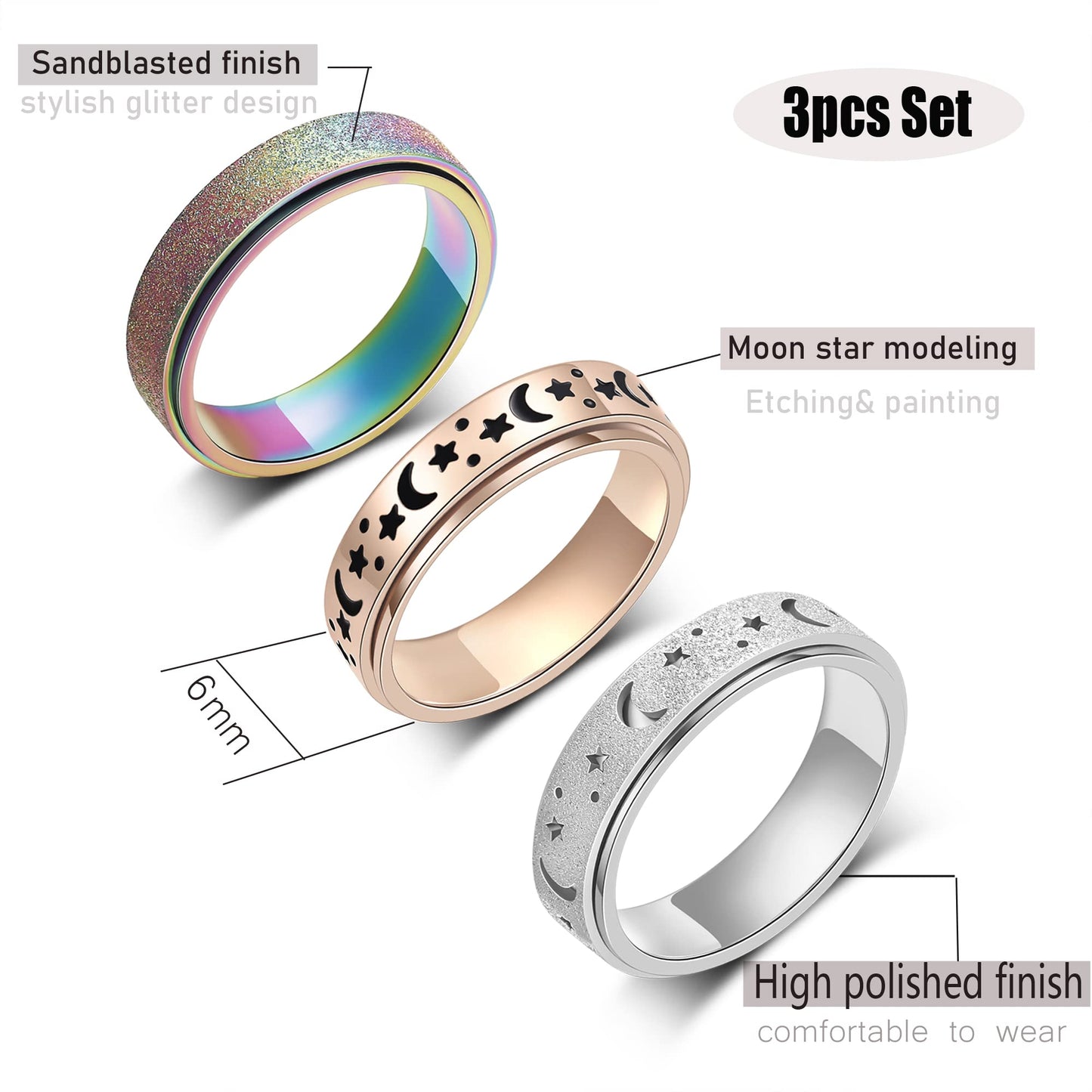 LuckyAmor Anxiety Ring – Moon and Star Spinner Stainless Steel Ring (Women and Men)
