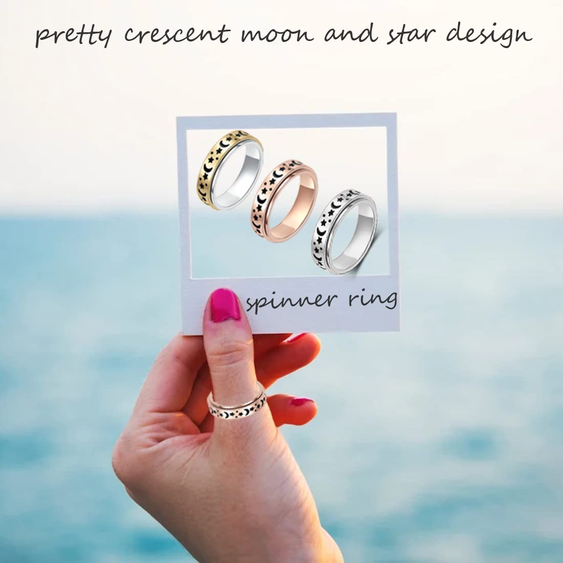 LuckyAmor Anxiety Ring for Women – Moon Star Spinner, 6mm Stainless Steel (Sizes 5-11)
