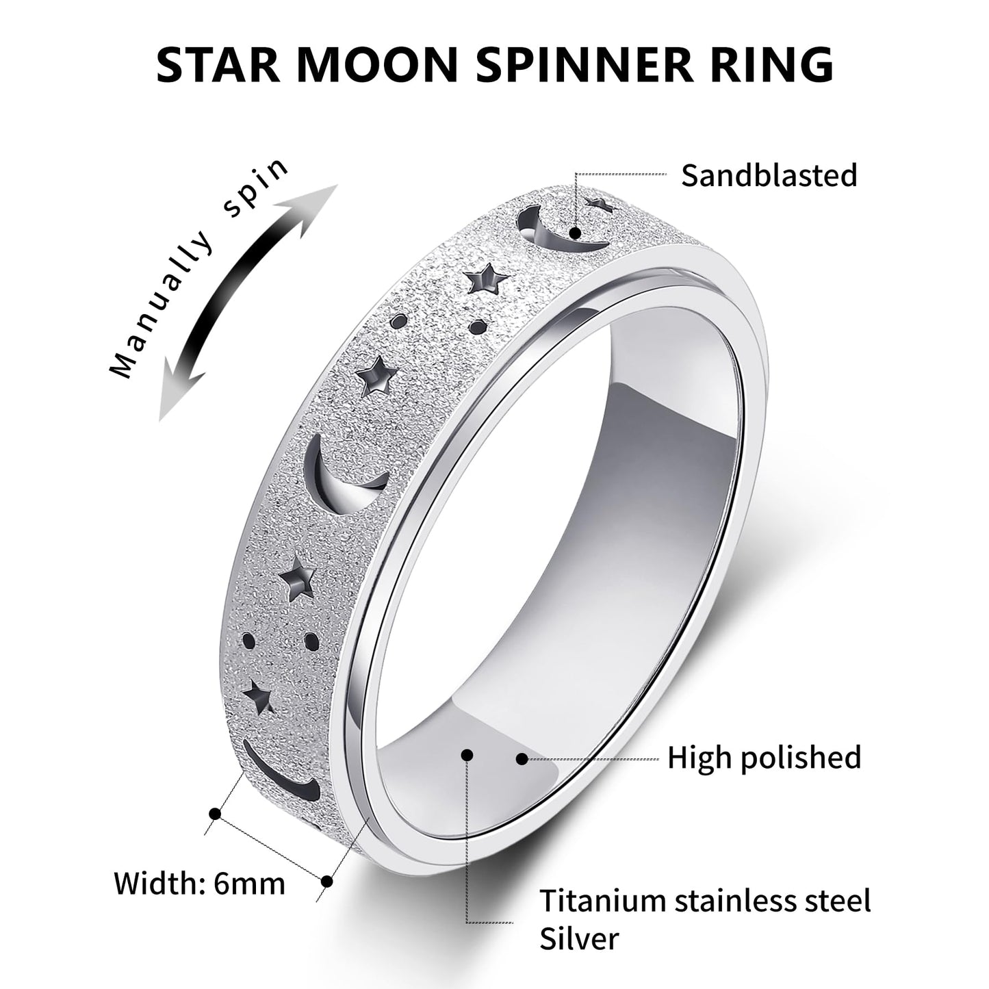 LuckyAmor Anxiety Ring for Women — Spinner Stainless Steel Moon & Star 6mm, Sizes 5–11