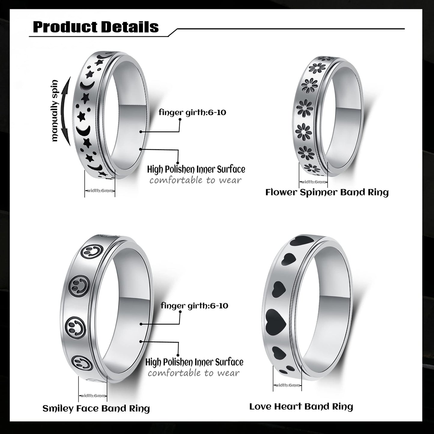 LuckyAmor Spinner Ring - Moon & Star Stainless Steel Fidget Ring for Women & Men | Sizes 5-11