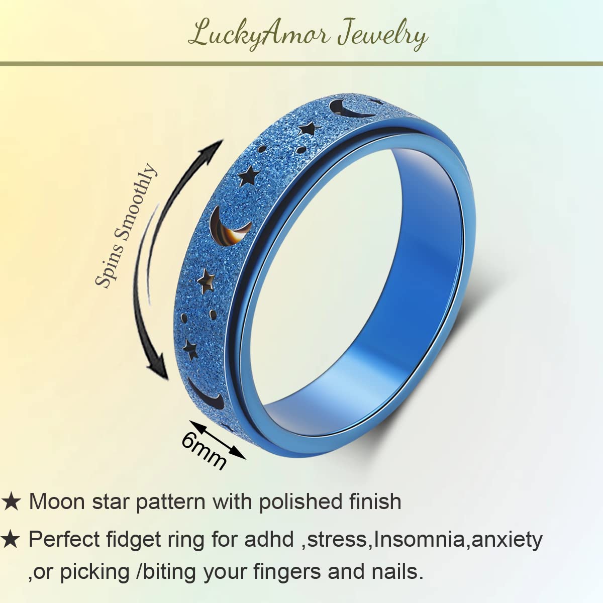 LuckyAmor Anxiety Ring for Women – Moon Star Spinner Ring, 6mm Stainless Steel – Gift Idea