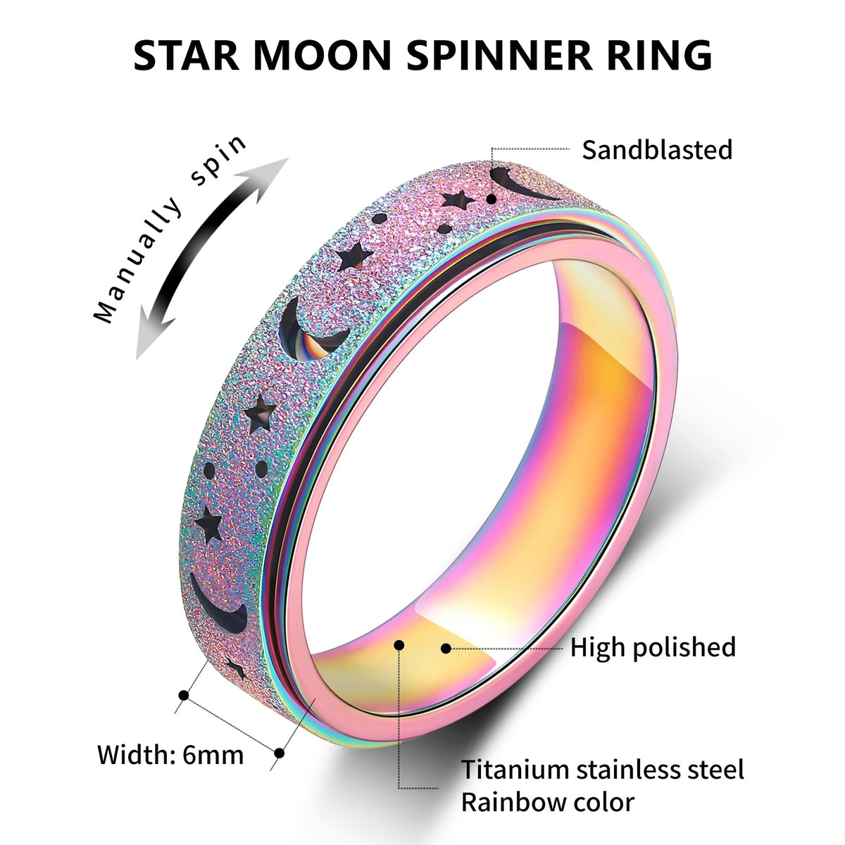 LuckyAmor Anxiety Ring for Women & Men – 6mm Stainless Steel Moon & Star Spinner Ring