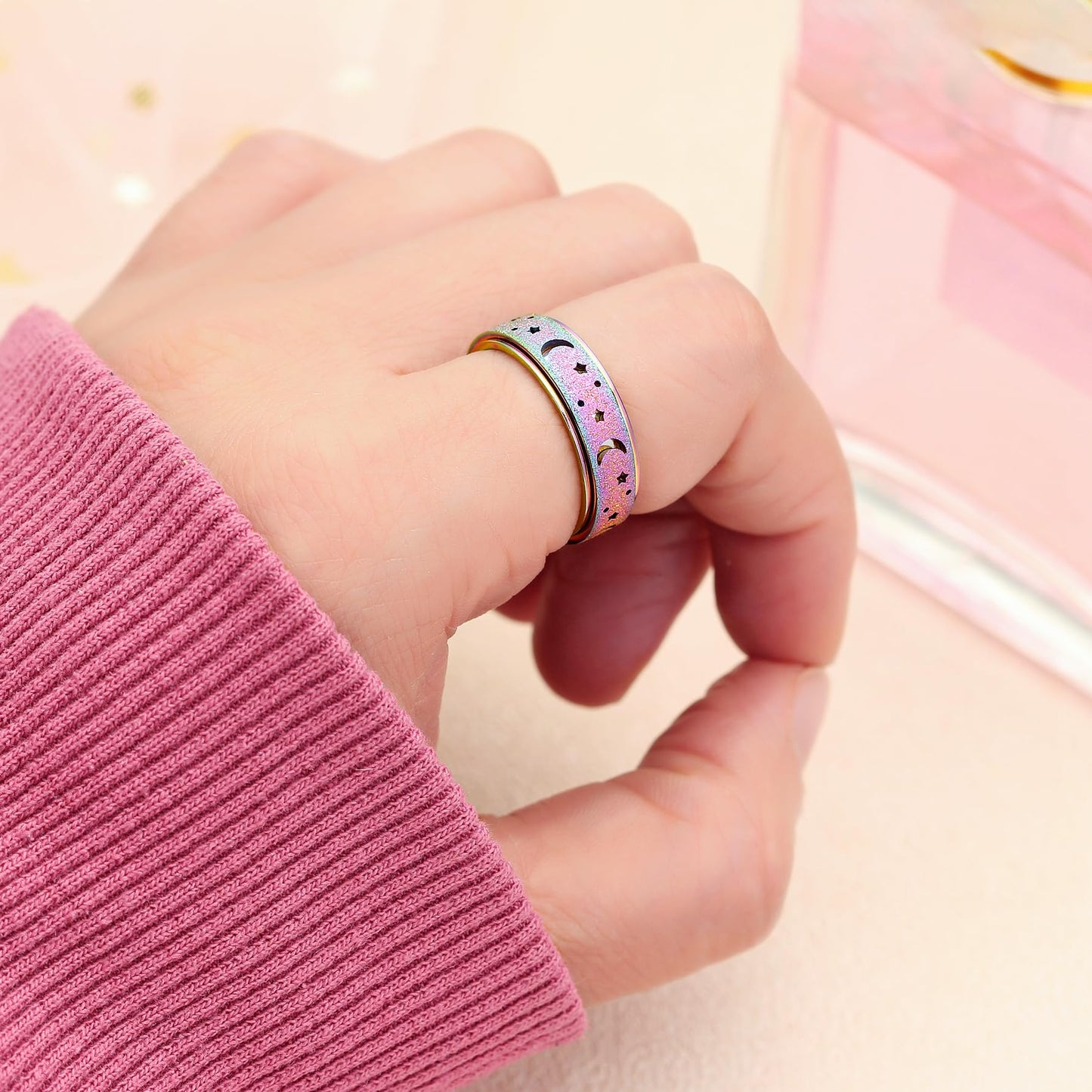 LuckyAmor Anxiety Ring for Women — Spinner Ring, Stainless Steel Moon & Star, 6mm Band, Gift