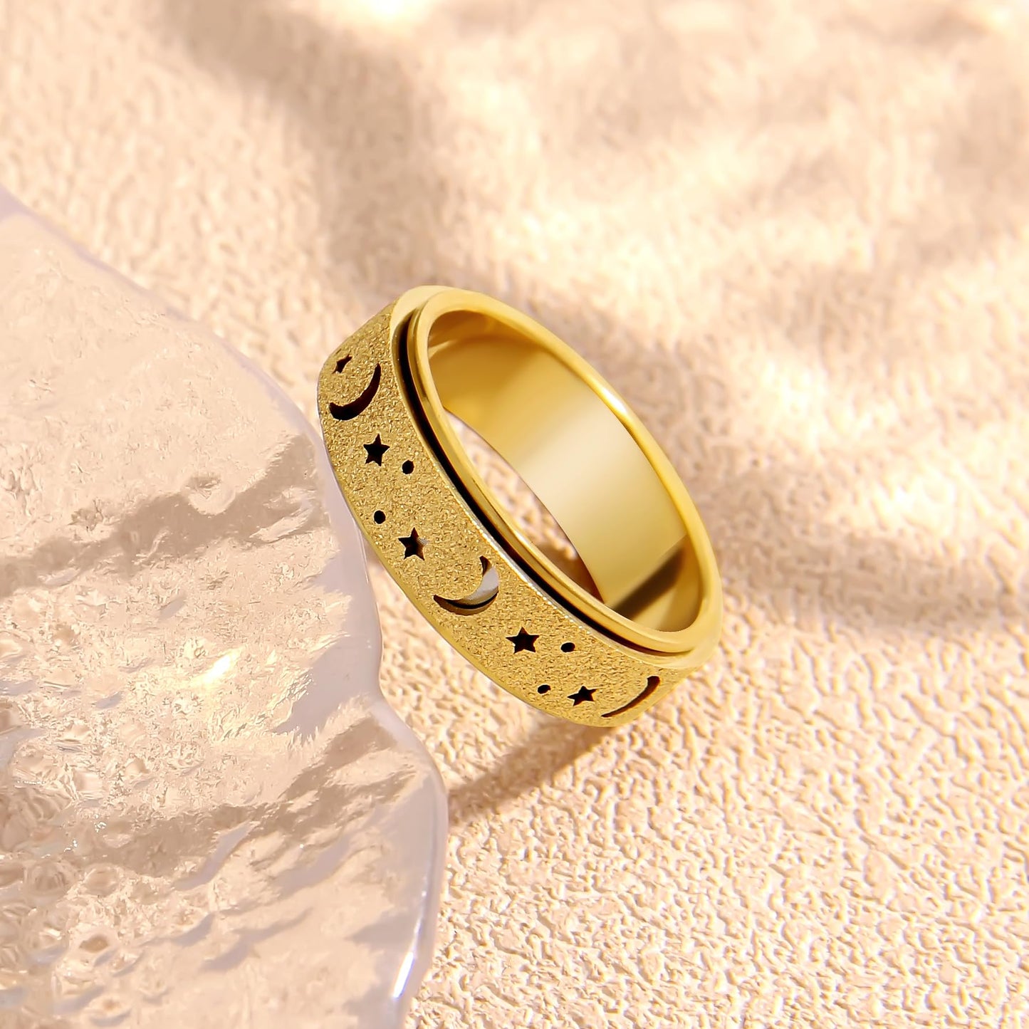 LuckyAmor Moon & Star Anxiety Spinner Ring – Stainless Steel, 6mm (Women)
