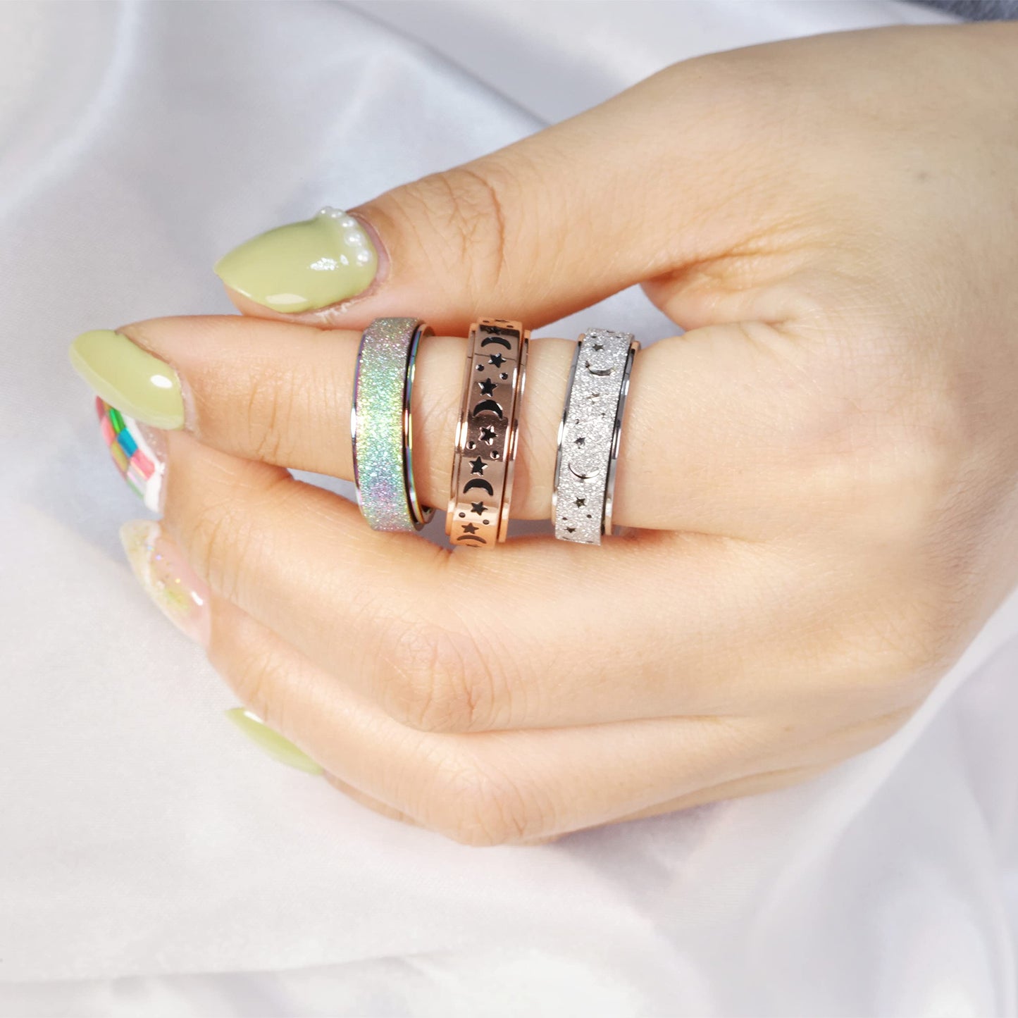 LuckyAmor Anxiety Ring – Moon and Star Spinner Stainless Steel Ring (Women and Men)