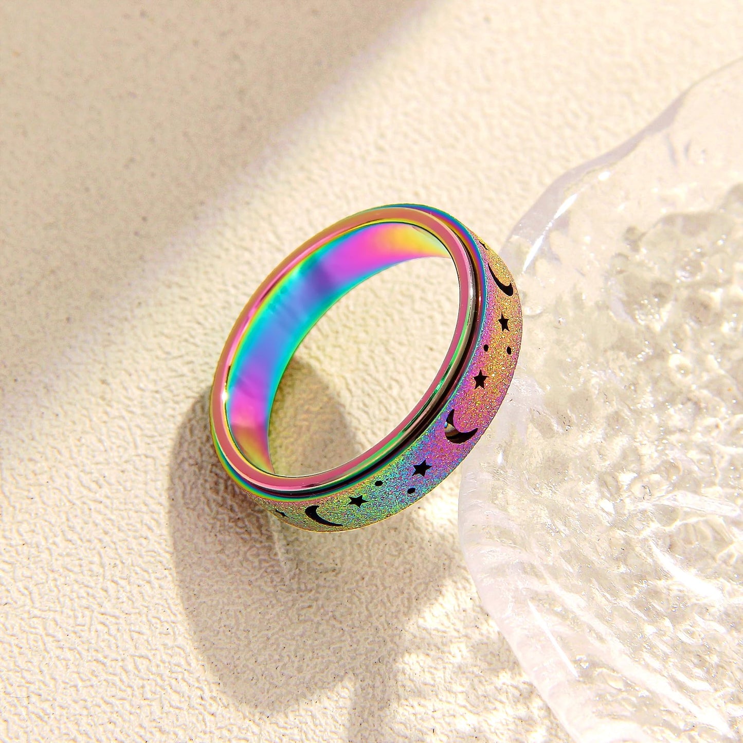 LuckyAmor Anxiety Ring for Women — Spinner Ring, Stainless Steel Moon & Star, 6mm Band, Gift