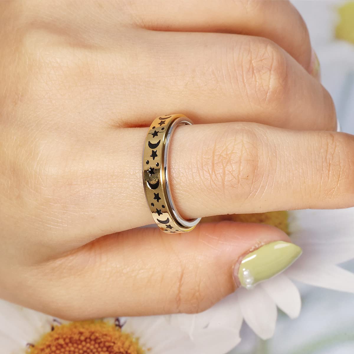 LuckyAmor Anxiety Ring - Stainless Steel Spinner Ring for Women (Moon & Star, 6mm) Sizes 5-11