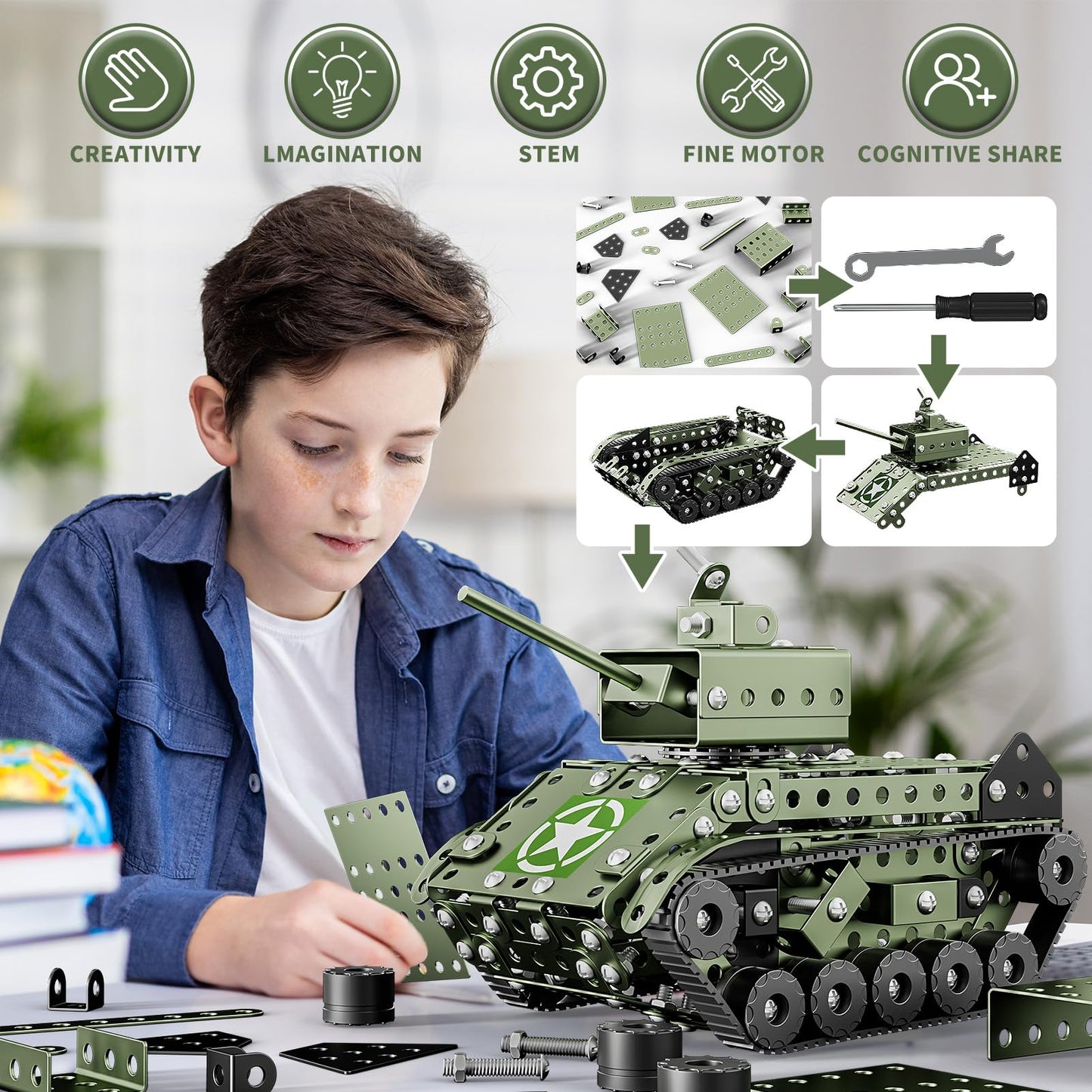 Lucky Doug STEM Army Tank Model Kit – 284-Piece Educational Building Toy for Ages 8–12