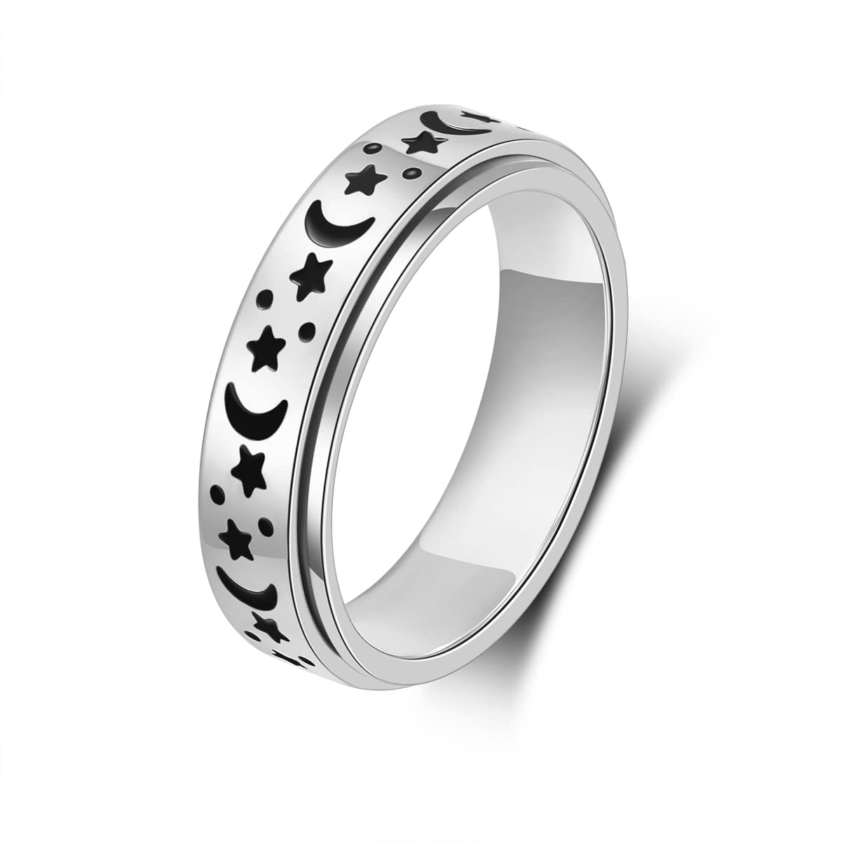 LuckyAmor Anxiety Ring for Women – Spinner 6mm Moon & Star Stainless Steel | Sizes 6-10