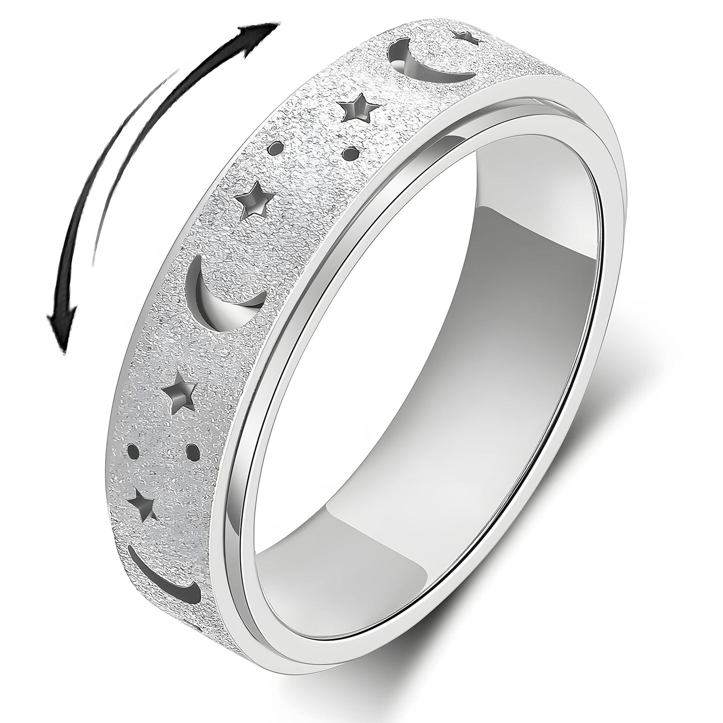 LuckyAmor Anxiety Ring for Women | Moon & Star Spinner Ring, Stainless Steel, 6mm, Sizes 5-11