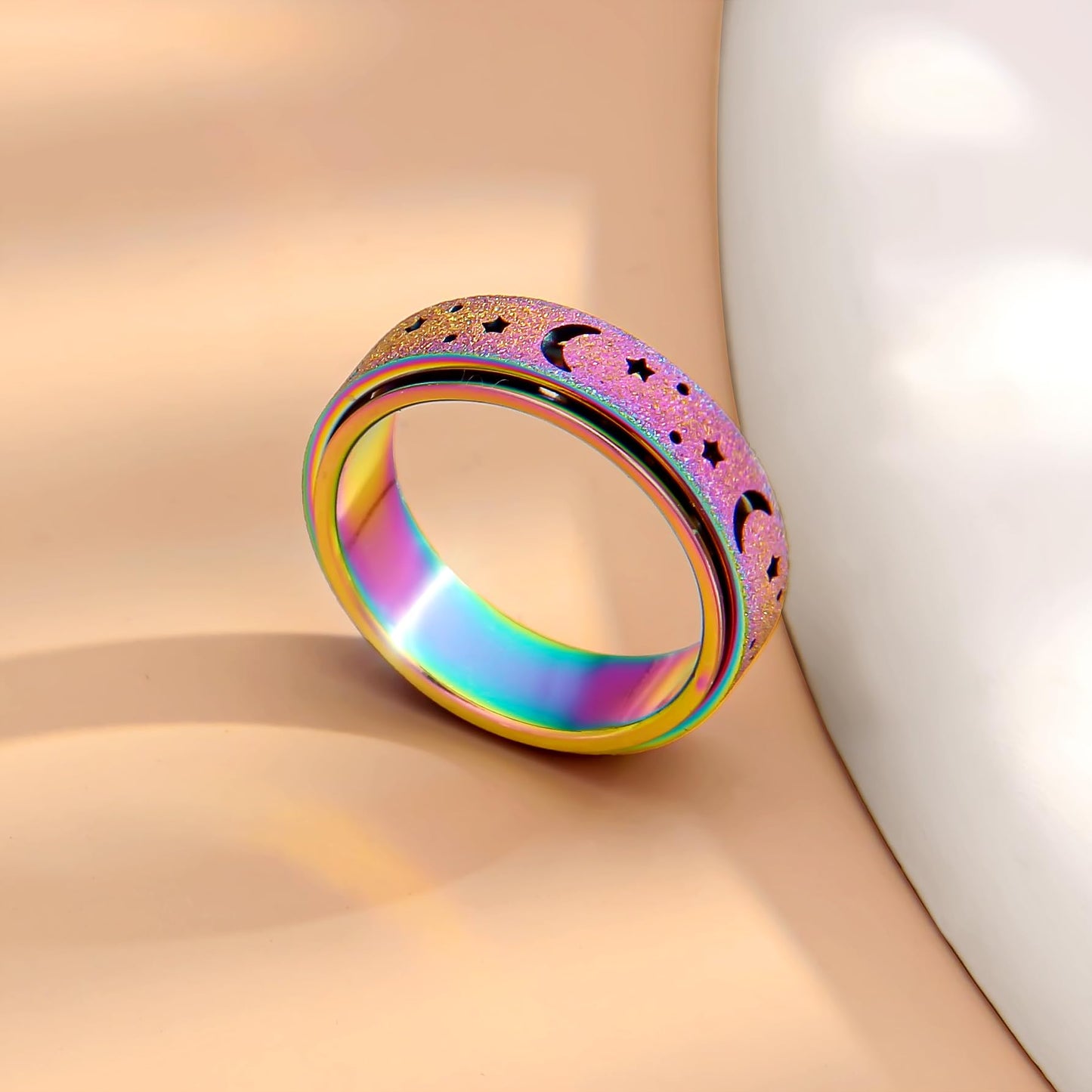 LuckyAmor Moon Star Spinner Ring for Women — 6mm Stainless Steel