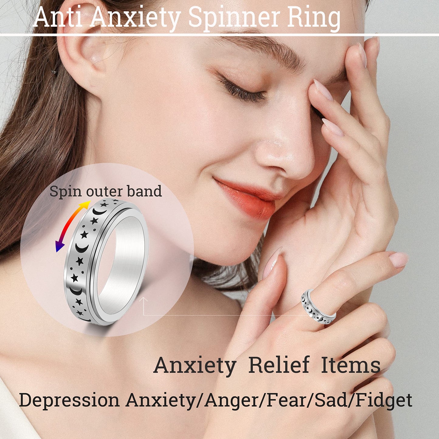 LuckyAmor Anxiety Ring for Women – Stainless Steel Moon & Star Spinner Ring, 6mm, Sizes 6–10