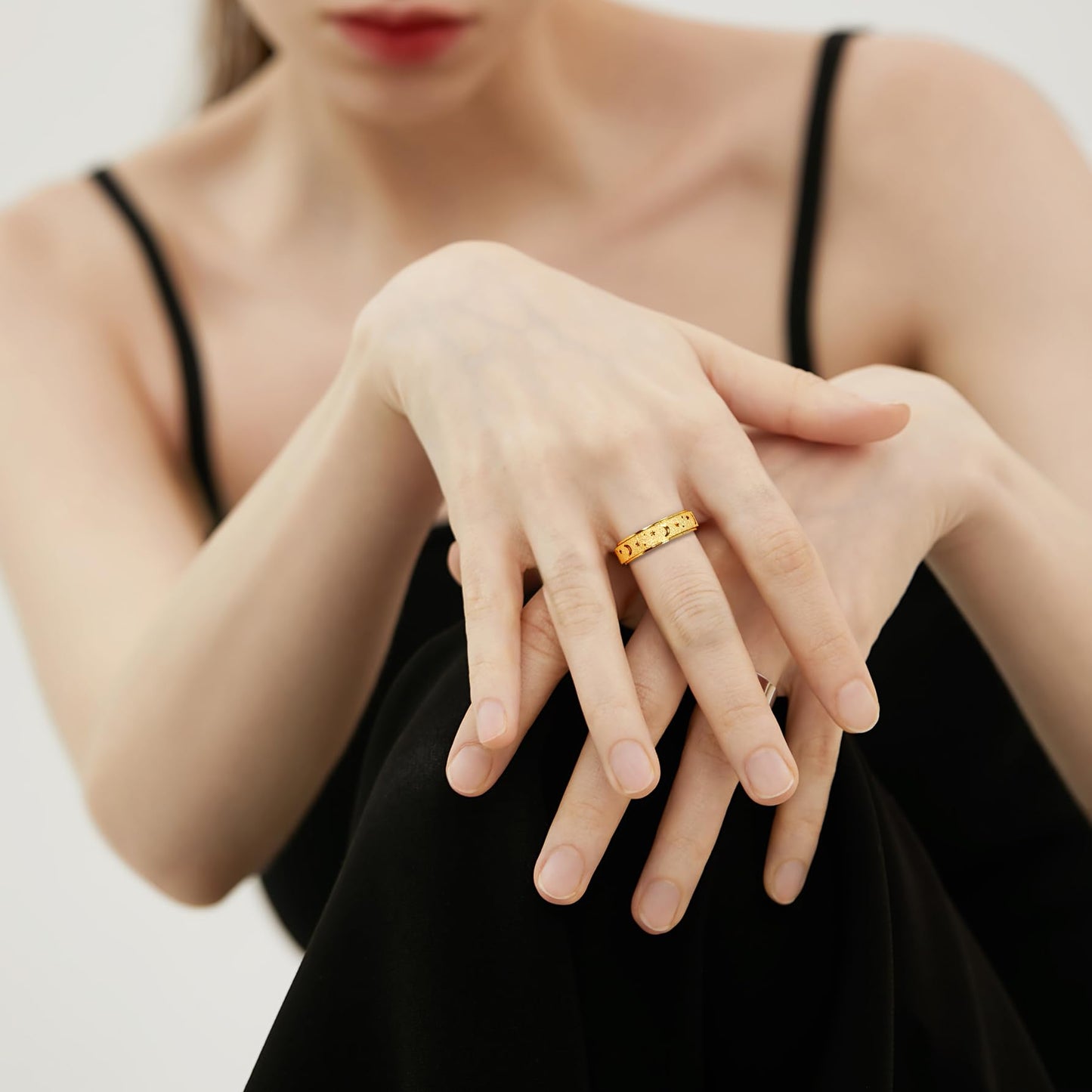 LuckyAmor Anxiety Ring for Women – Moon & Star Spinner Ring, Stainless Steel, Size 6–10