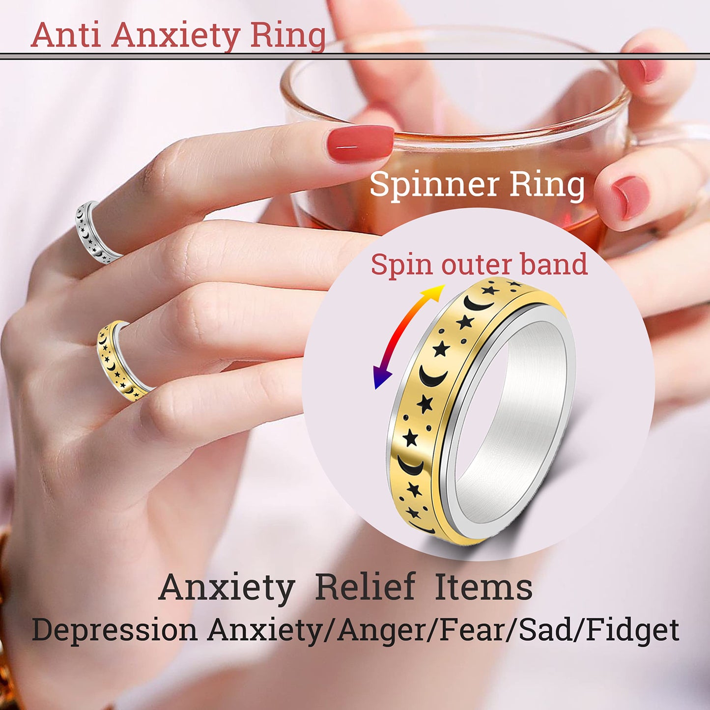 LuckyAmor Anxiety Ring — Moon & Star Spinner Ring, Stainless Steel, 6mm, Sizes 6-10
