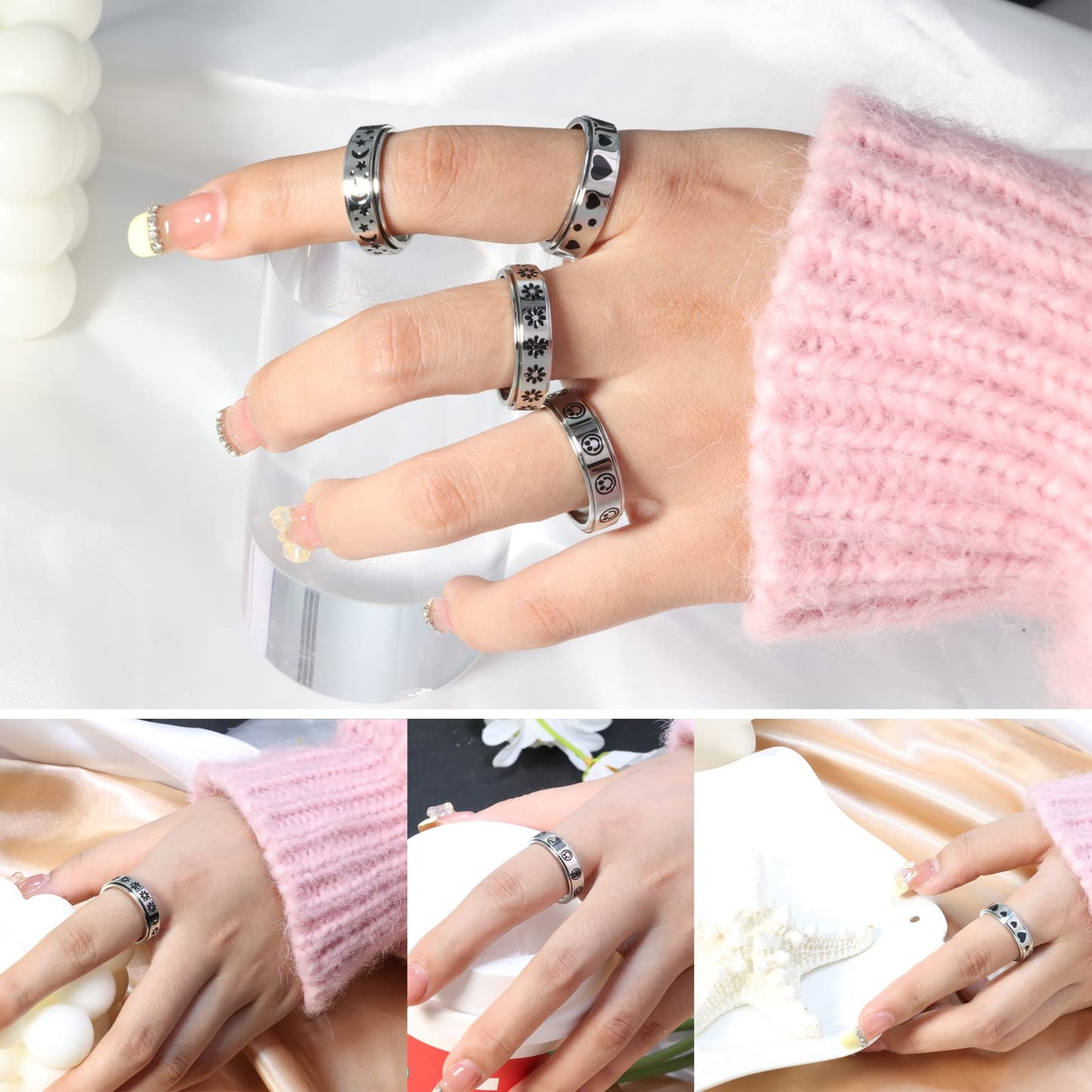 LuckyAmor Spinner Ring - Moon & Star Fidget Ring, Stainless Steel, Size 6-10, Unisex