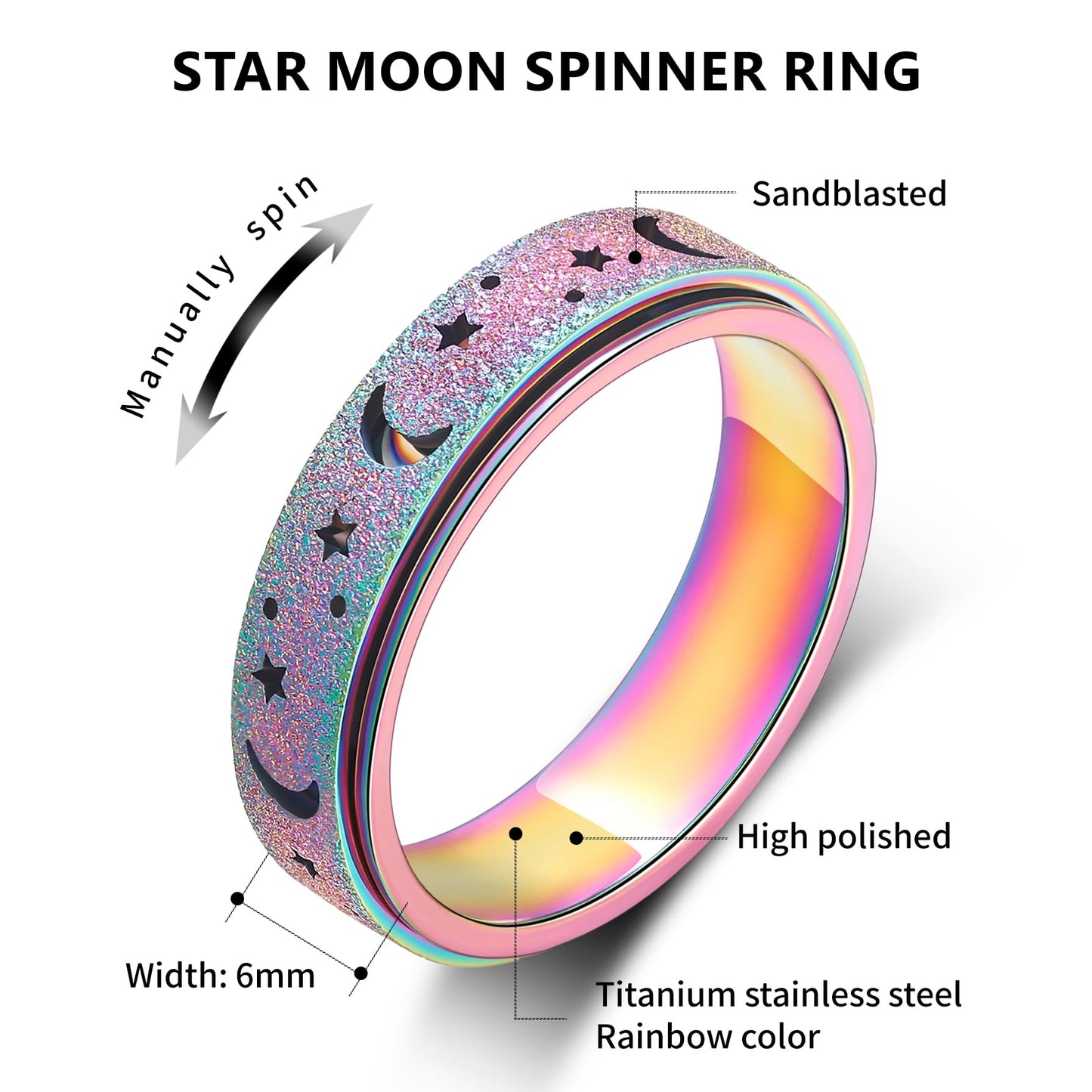 LuckyAmor Anxiety Ring – Spinner Moon & Star 6mm Stainless Steel (Sizes 5–11)