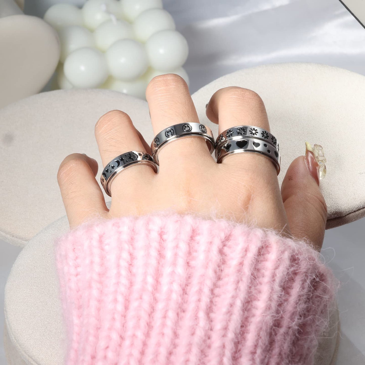 LuckyAmor Spinner Ring - Moon & Star Fidget Ring, Stainless Steel, Size 6-10, Unisex