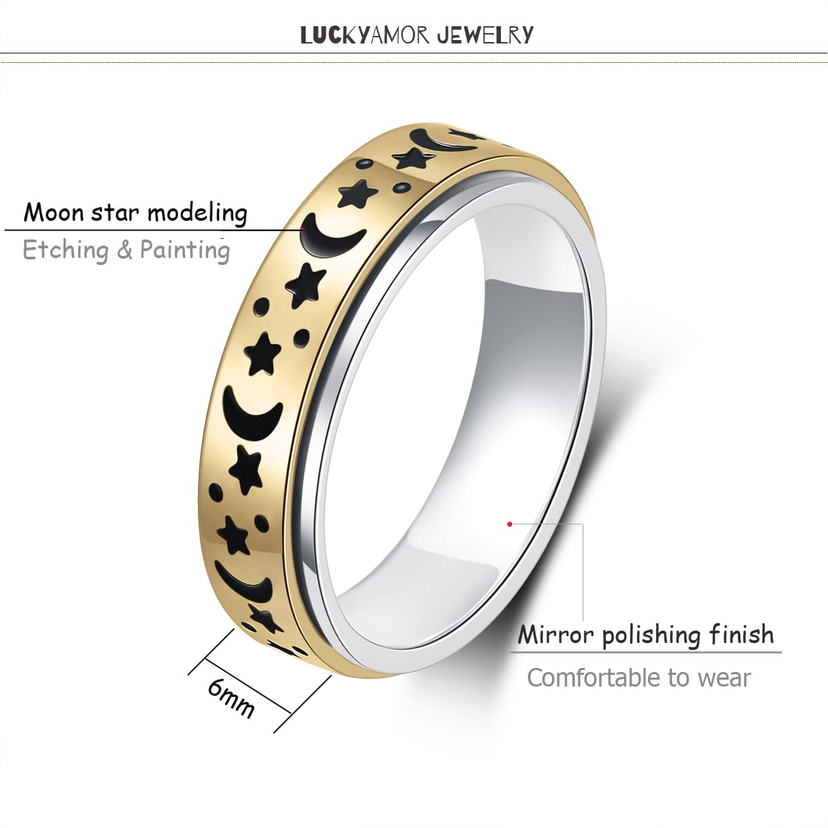 LuckyAmor Anxiety Ring — Moon & Star Spinner Ring, Stainless Steel, 6mm, Sizes 6-10