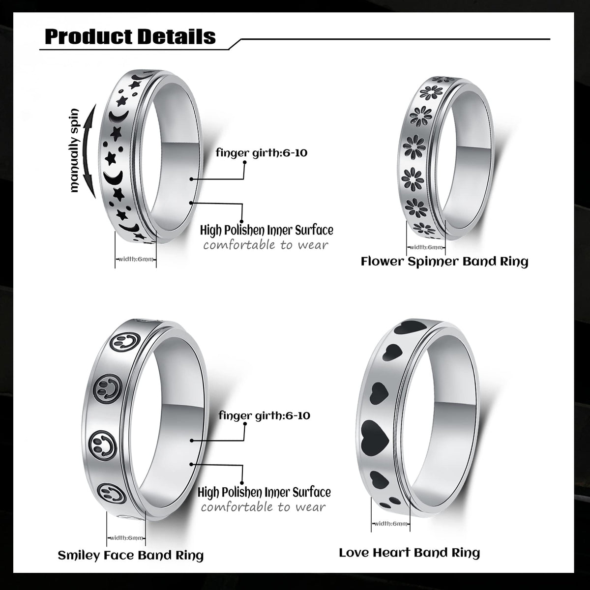 LuckyAmor Spinner Ring – Moon & Star Fidget Ring, Stainless Steel, Sizes 5–11, No Gemstones