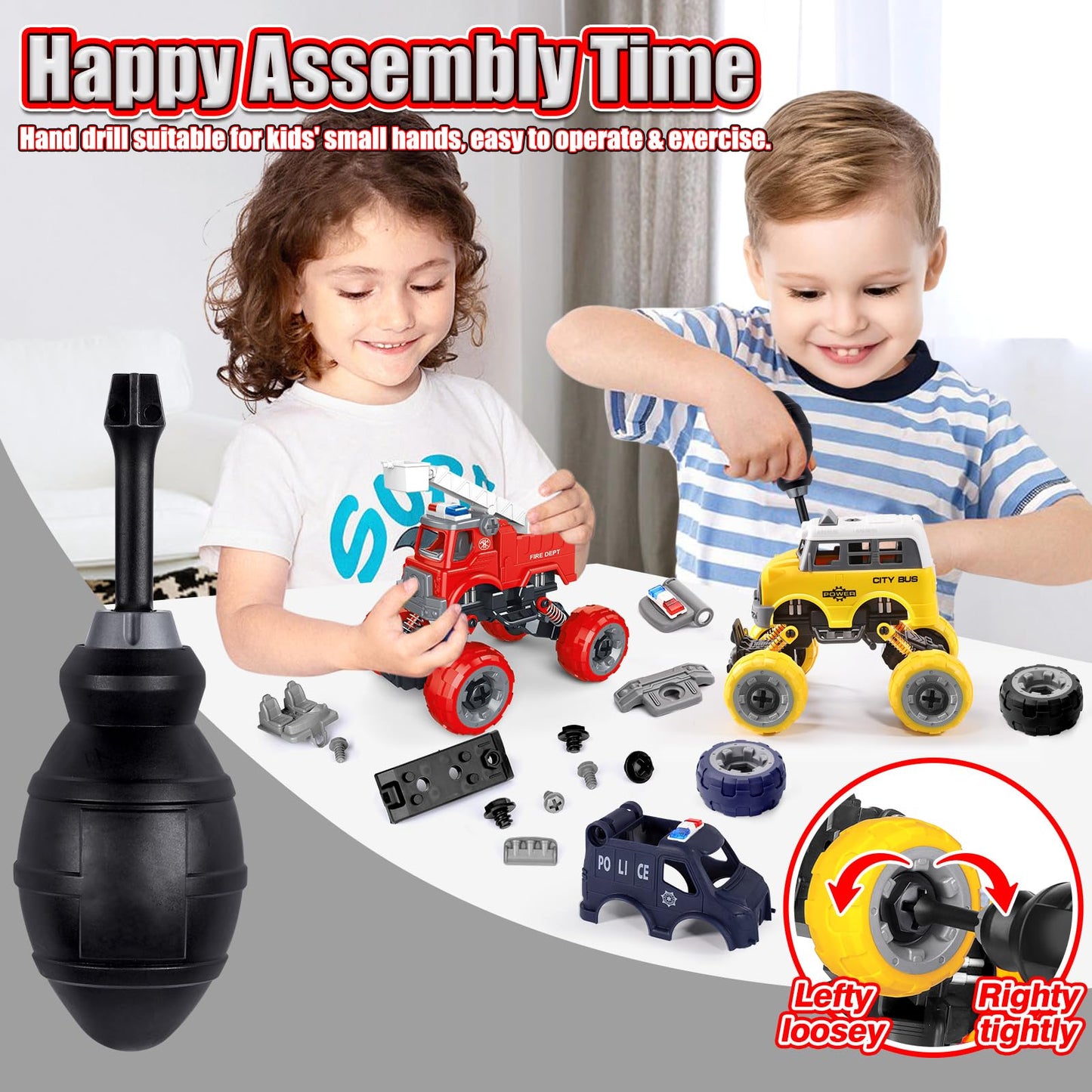 LUDILO Kids DIY City Vehicles Set – 4 Model Cars with Electric Drill (Fire, Police, Ambulance, Bus)