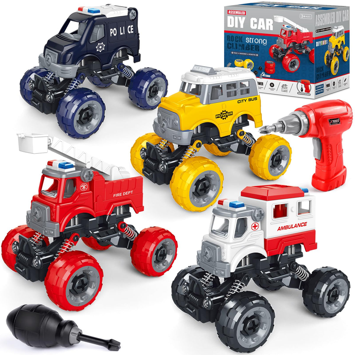 LUDILO Kids DIY City Vehicles Set – 4 Model Cars with Electric Drill (Fire, Police, Ambulance, Bus)