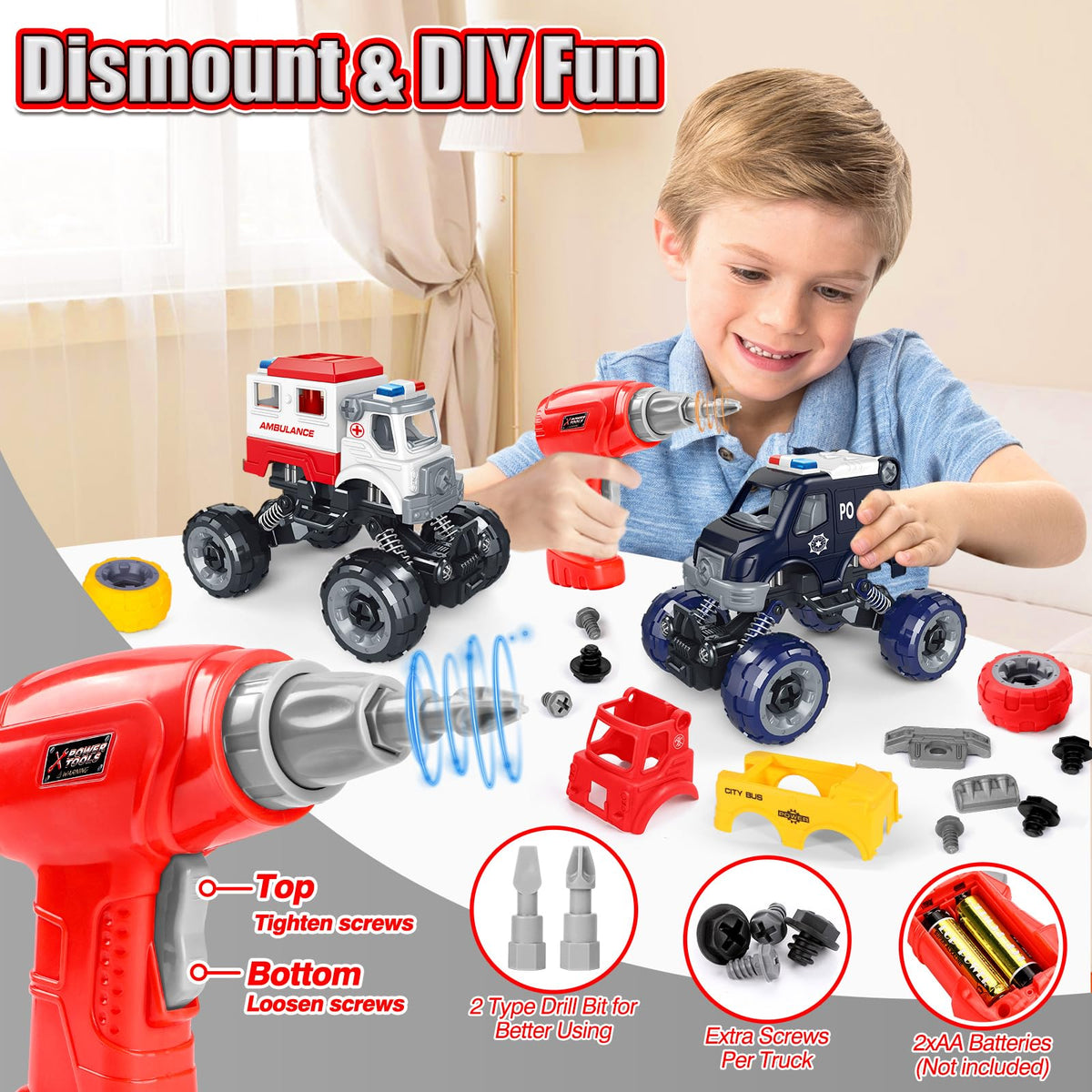 LUDILO Kids DIY City Vehicles Set – 4 Model Cars with Electric Drill (Fire, Police, Ambulance, Bus)