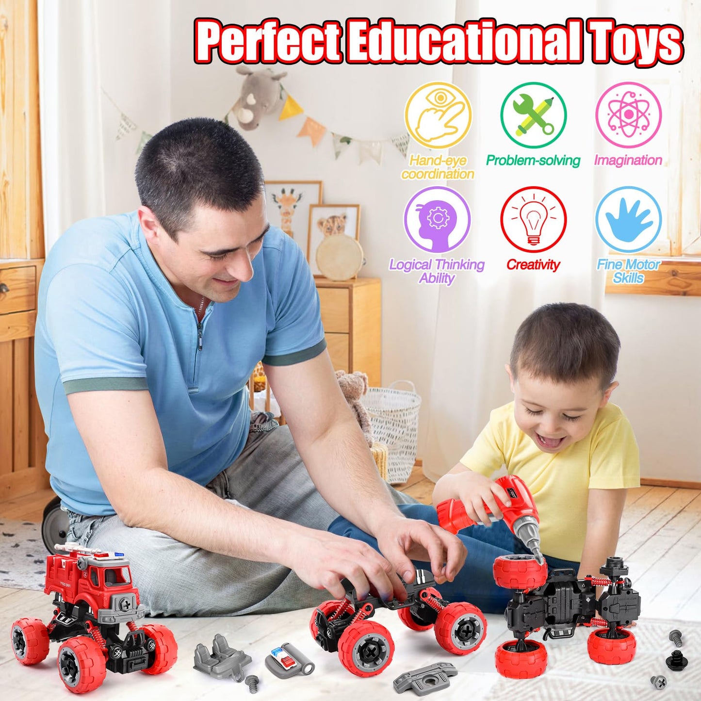 LUDILO 4Pcs Fire Truck Toys – Take Apart Set with Drill for 3-6 Year Olds