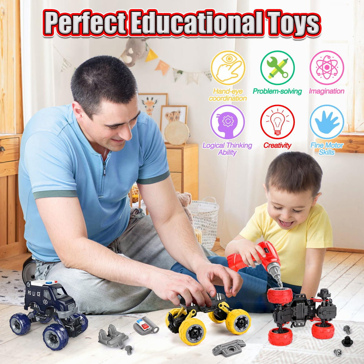 LUDILO Kids DIY City Vehicles Set – 4 Model Cars with Electric Drill (Fire, Police, Ambulance, Bus)