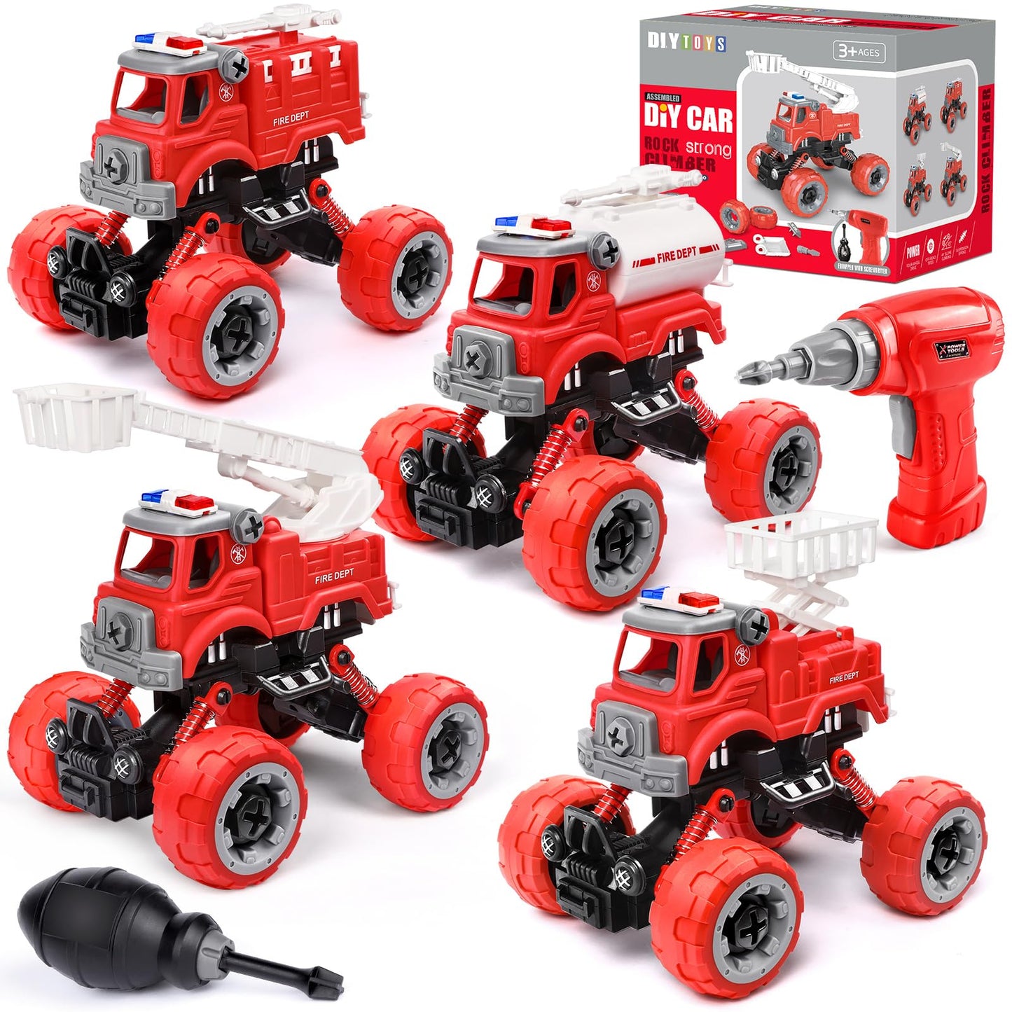 LUDILO 4Pcs Fire Truck Toys – Take Apart Set with Drill for 3-6 Year Olds