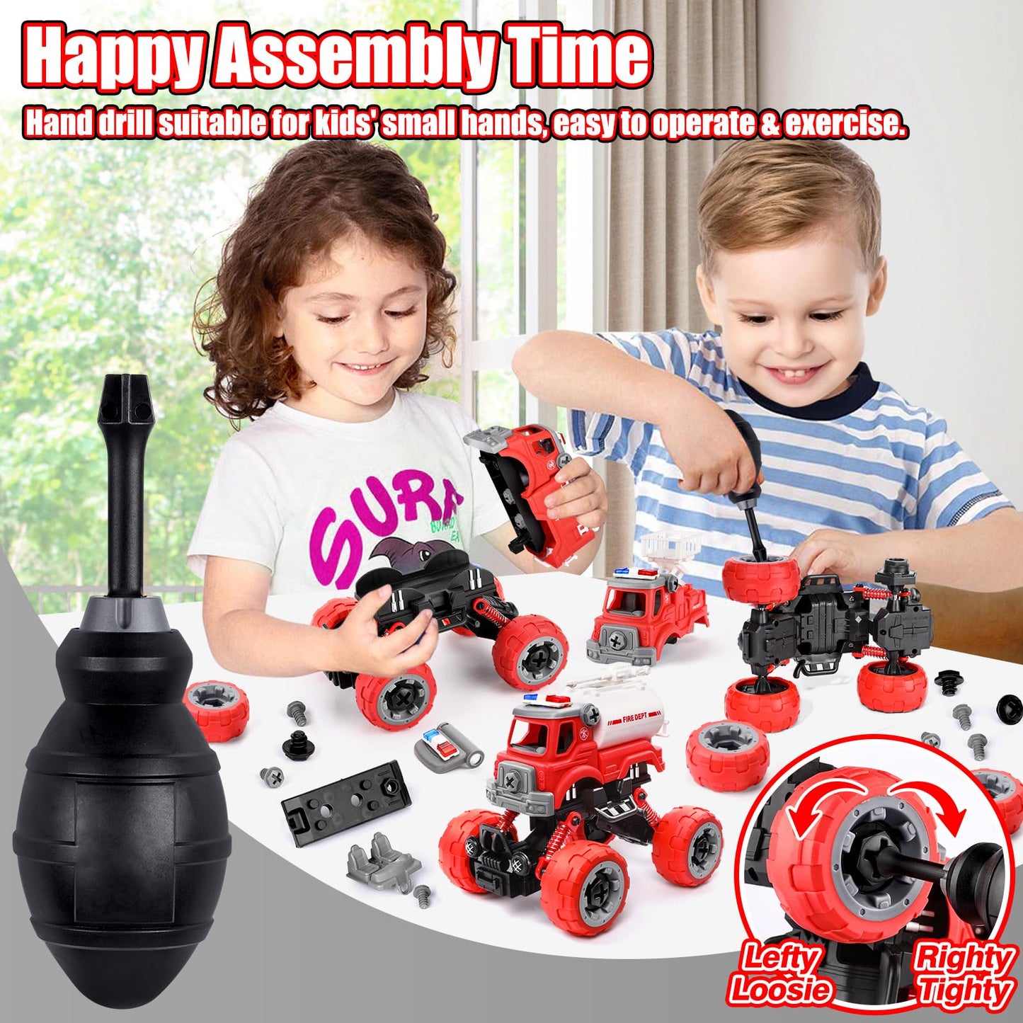 LUDILO 4Pcs Fire Truck Toys – Take Apart Set with Drill for 3-6 Year Olds