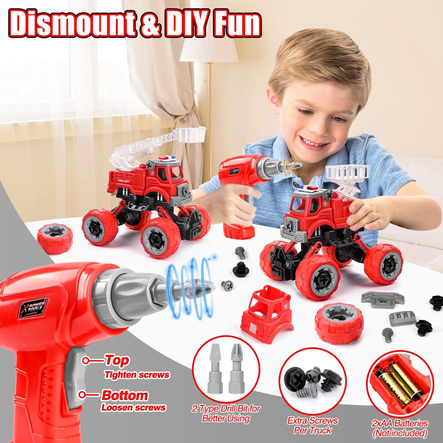LUDILO 4Pcs Fire Truck Toys – Take Apart Set with Drill for 3-6 Year Olds