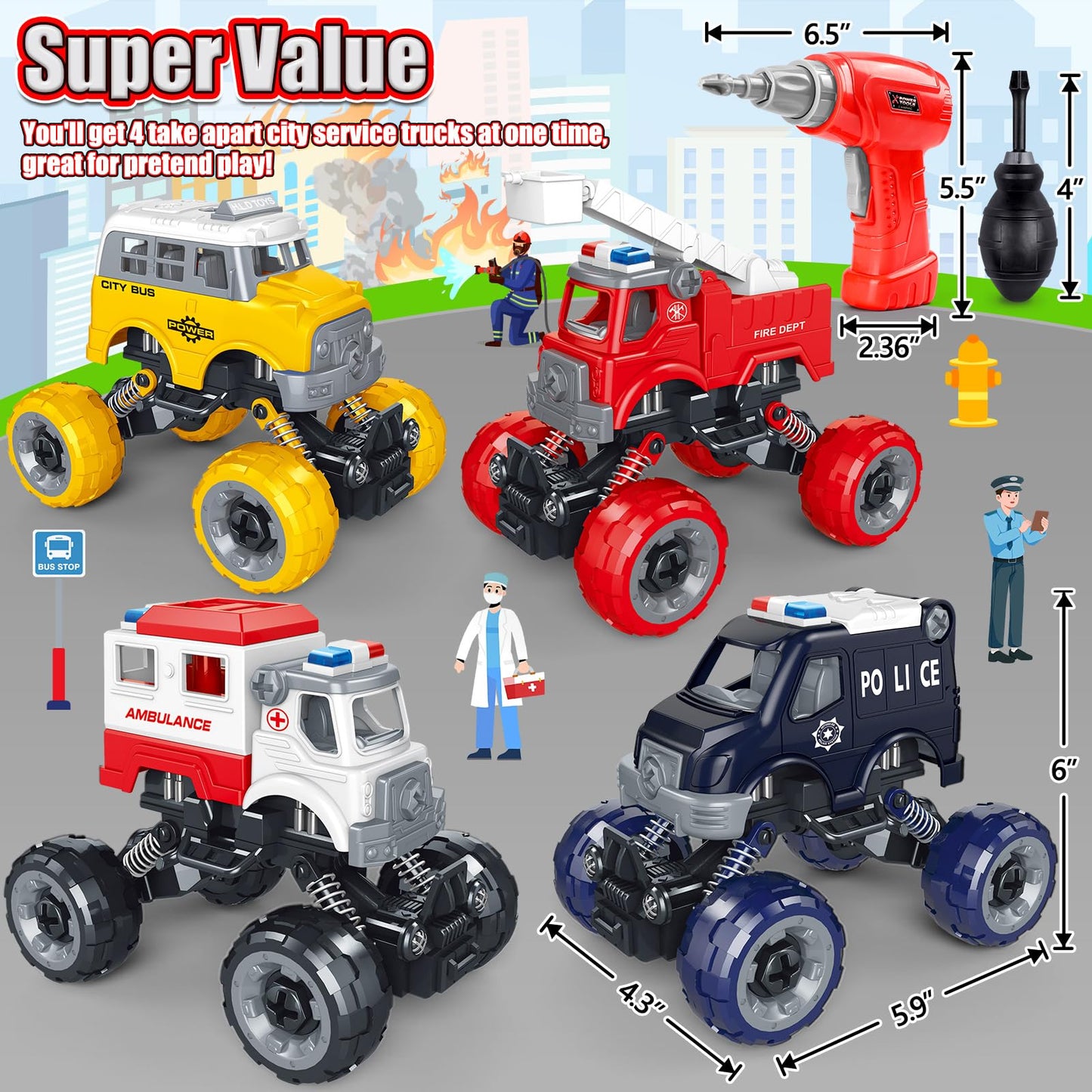 LUDILO Kids DIY City Vehicles Set – 4 Model Cars with Electric Drill (Fire, Police, Ambulance, Bus)