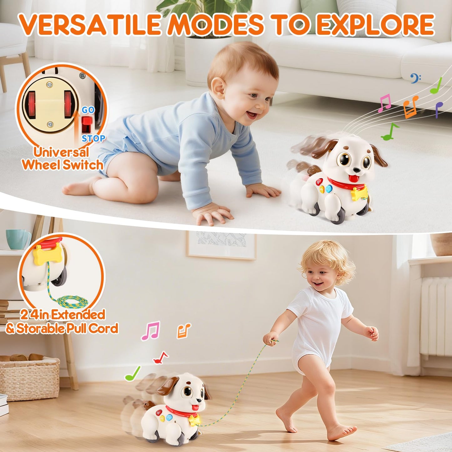 LUDILO Musical Puppy Pull-Along Toy for 6-18 Months – GO STOP Modes