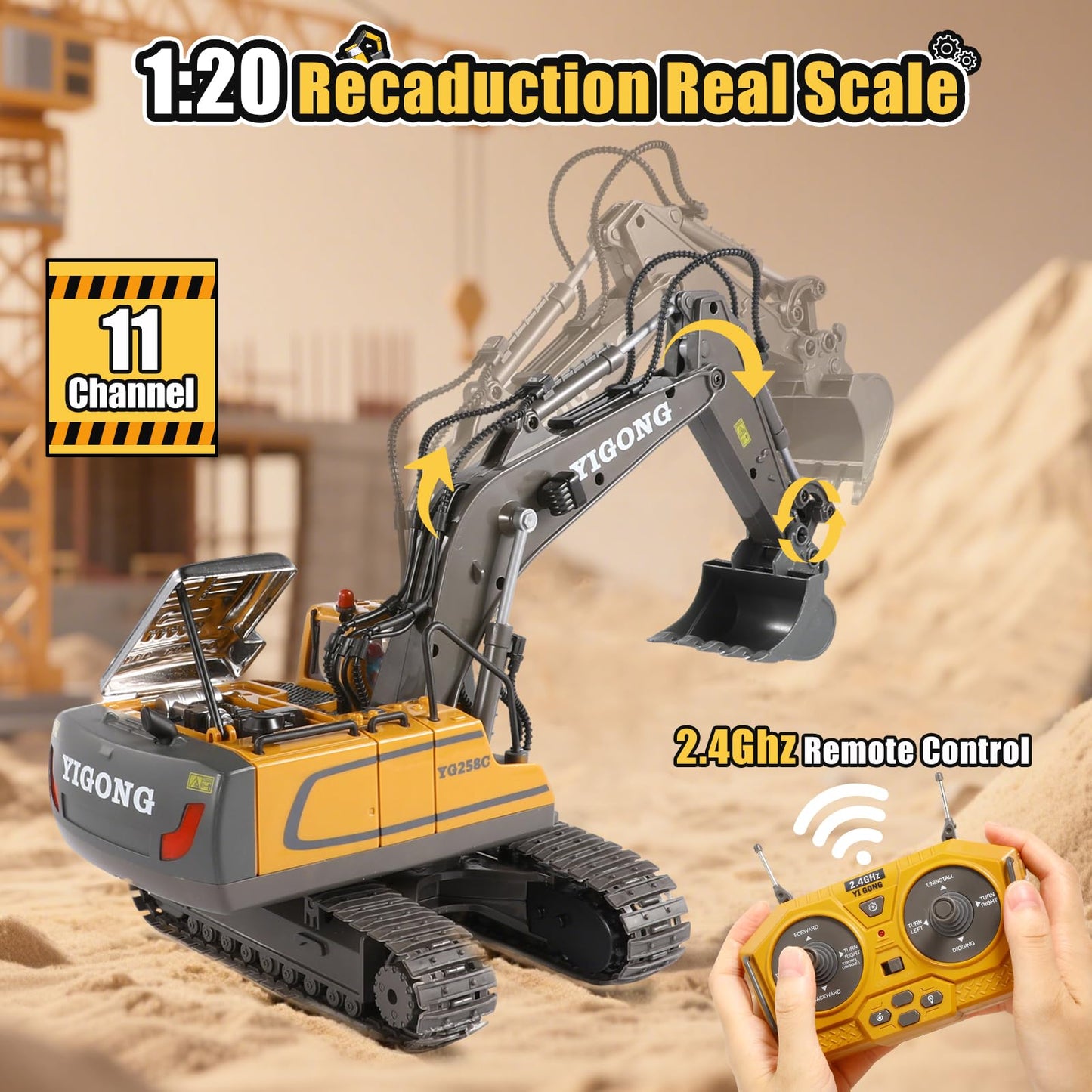 LUDILO Remote Control Excavator Toys for Kids Aged 6-8 – 11CH 2.4GHz Digger with Lights & Sound
