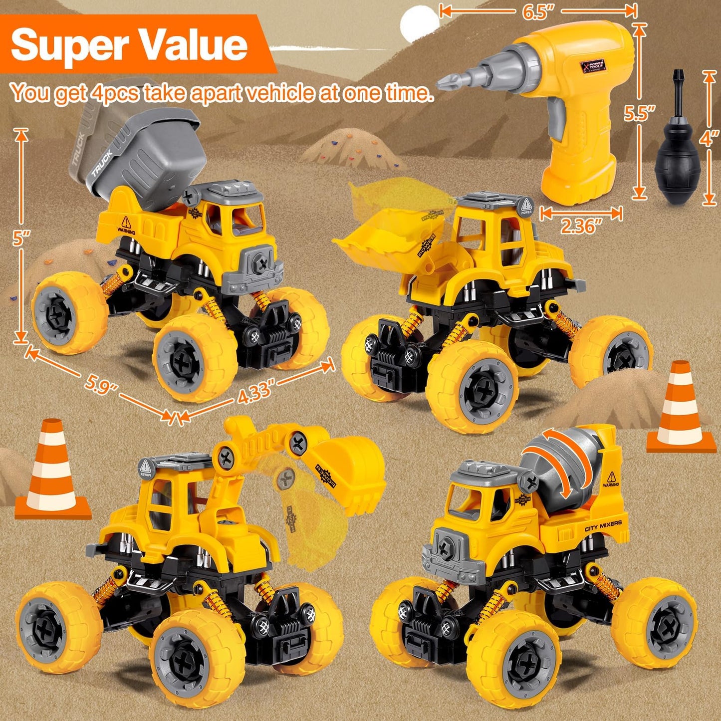LUDILO 4PCS Take Apart Toys: DIY Construction Trucks with Drill for 3-8 Year Olds
