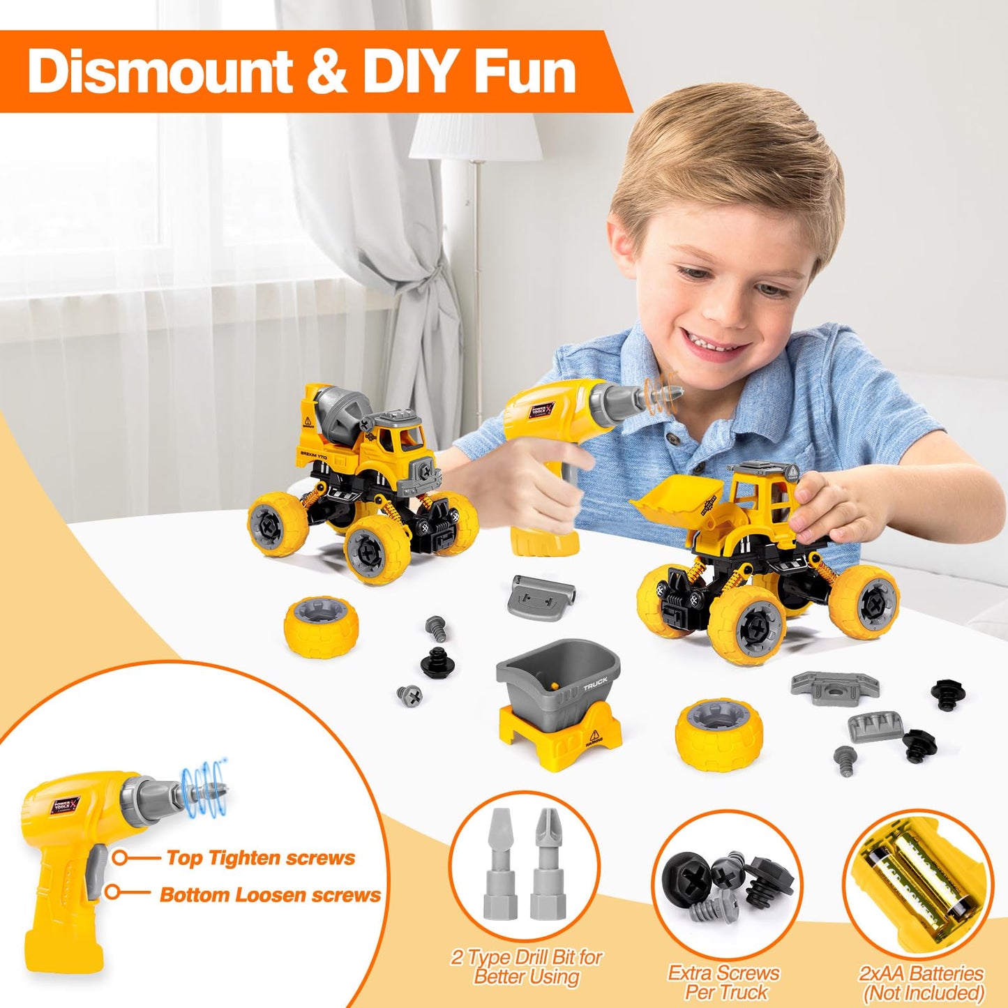 LUDILO 4PCS Take Apart Toys: DIY Construction Trucks with Drill for 3-8 Year Olds