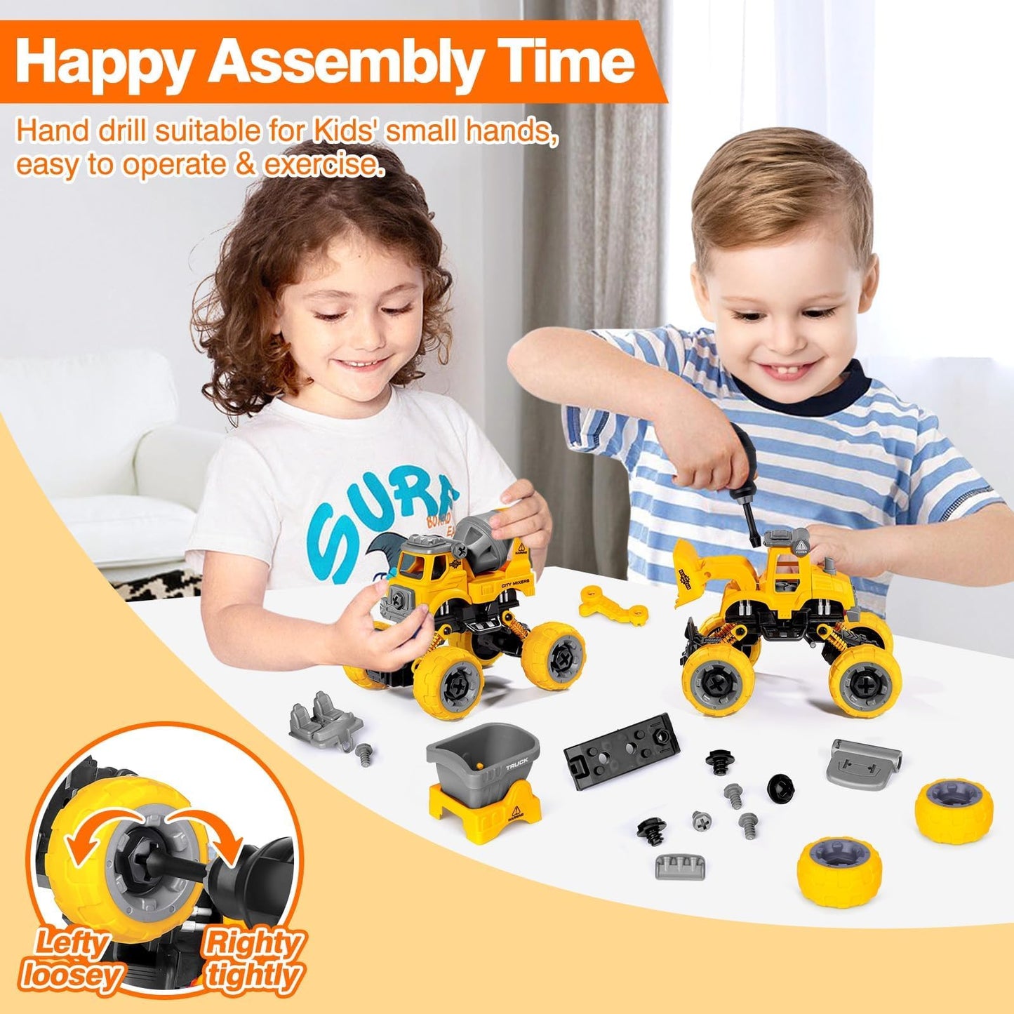 LUDILO 4PCS Take Apart Toys: DIY Construction Trucks with Drill for 3-8 Year Olds
