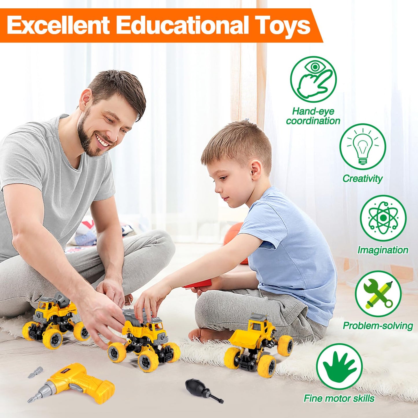 LUDILO 4PCS Take Apart Toys: DIY Construction Trucks with Drill for 3-8 Year Olds